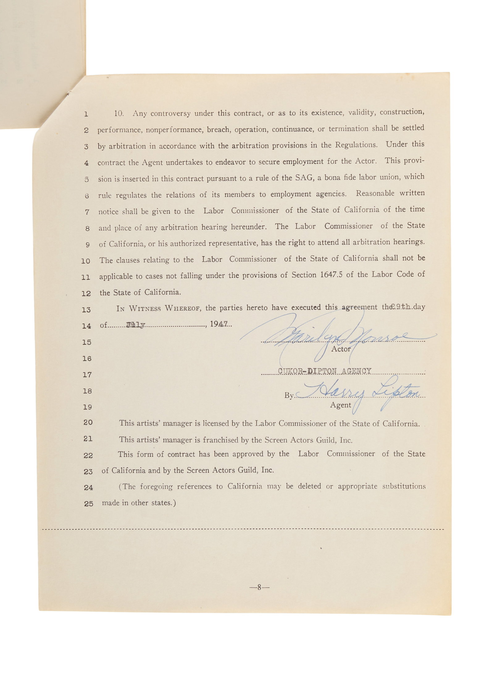 Marilyn Monroe| 1947 Signed Contract with the Cukor-Lipton Agency: An eight page boilerplate document; stapled, dated "July 29, 1947," outlining the terms of an agreement between the 21 year-old and her agents, including a "three years" time frame and a charge to her