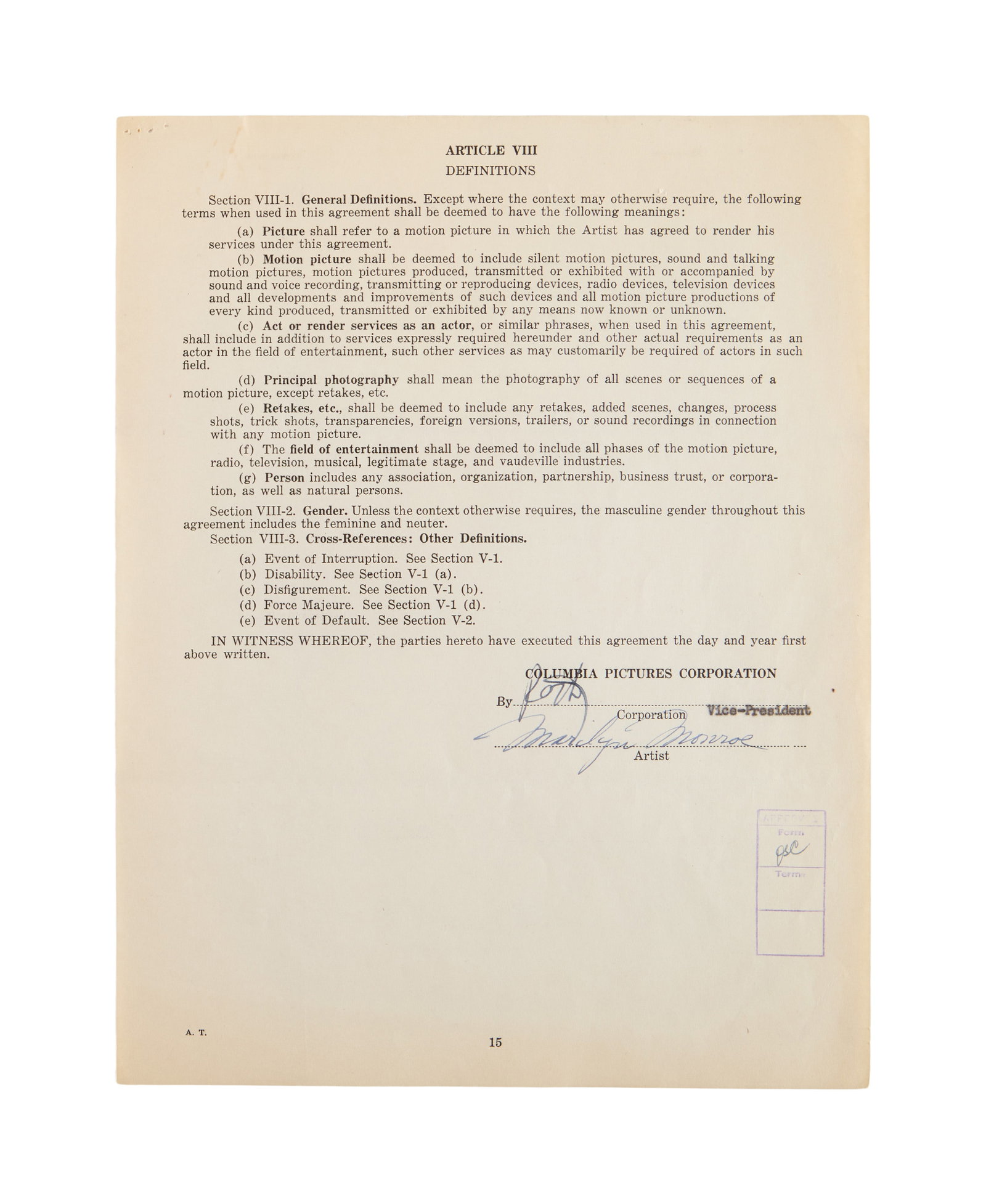 Marilyn Monroe | 1948 Signed Contract with Columbia Pictures: A 15 page boilerplate document; unstapled, dated "9th March 1948," outlining the terms of employment for the up and coming 21 year-old starlet ["Marilyn Monroe (Norma Jean Dougherty)"], including a