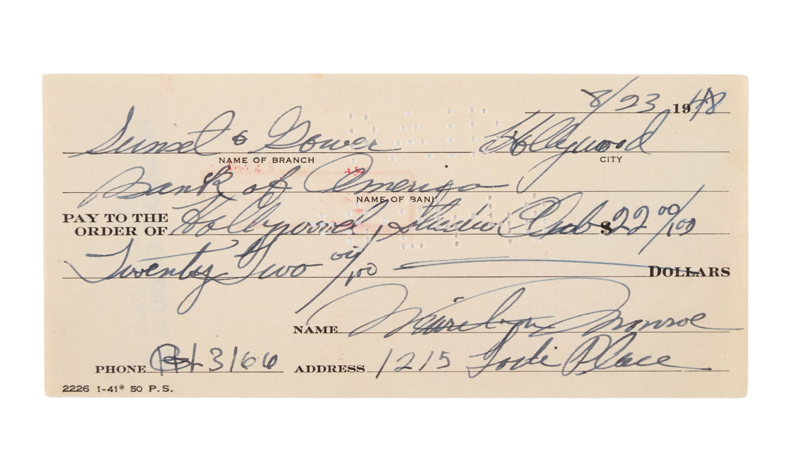 Marilyn Monroe | 1948 Inscribed Check: A piece entirely penned in black fountain pen ink by the then starlet; from her "Bank of America" account at "Sunset & Gower," dated "8/23 ?48," paid to "Hollywood Studio Club" in the amount of "22 00