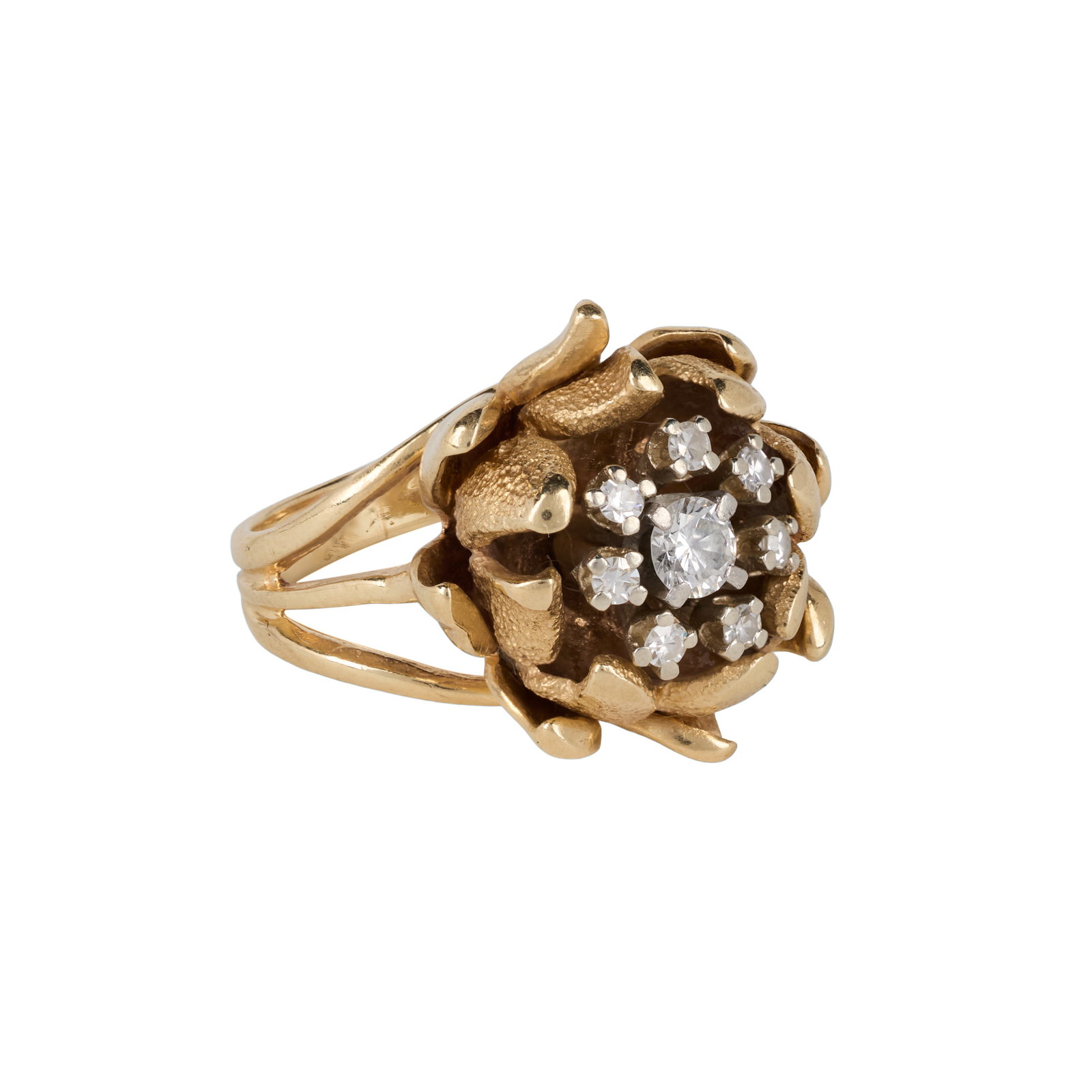 Marilyn Monroe | 1948 14K Yellow Gold and Diamond Ring Related to Her Being California Artichoke: A piece designed as a sculpted artichoke; centering upon a cluster of single and circular-cut diamonds, with open shoulders and a polished hoop, mounted in 14k yellow gold, 12.1 grams, ring size 4.25;