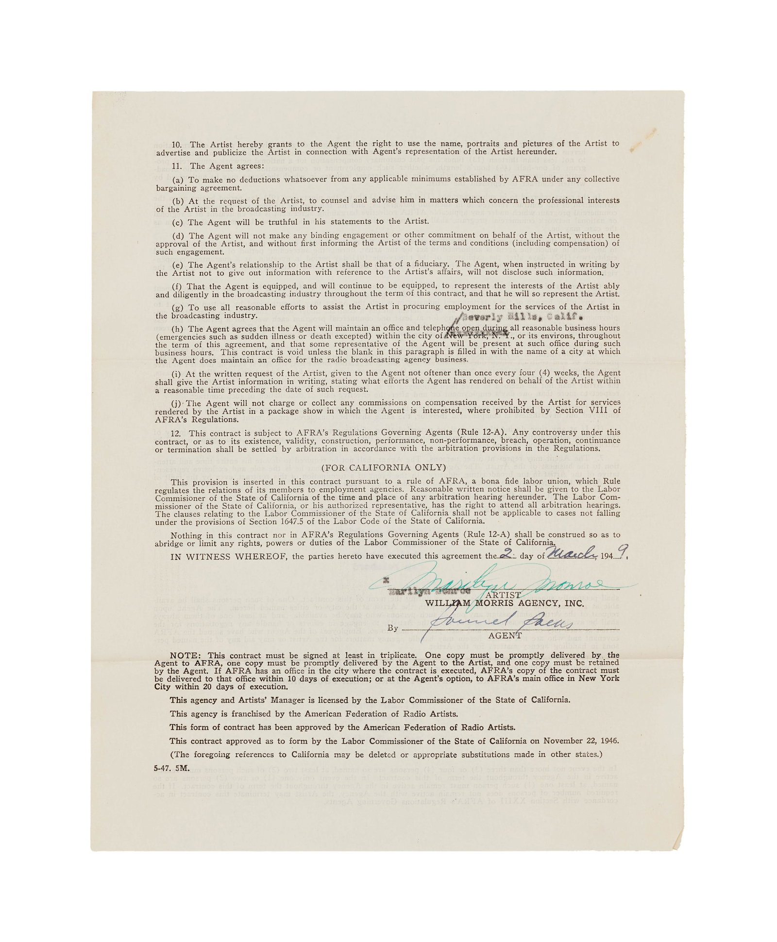 Marilyn Monroe | 1949 Signed Contract from the William Morris Agency: A two-page double-sided document; dated "2nd March 1949," executed in "Beverly Hills, California," outlining a "Standard AFRA Exclusive Agency" agreement with the then 22 year-old starlet, specifying 