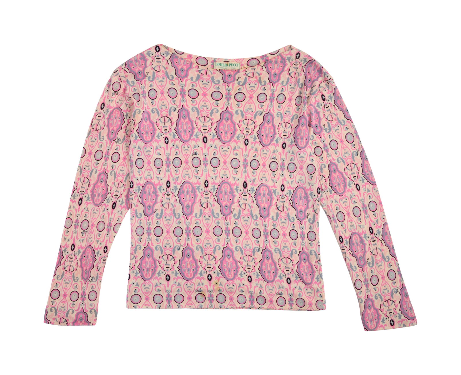 Marilyn Monroe | 1962 Blouse by Pucci: A top made of silk jersey; in a pink, gray, and black jewel pattern, with the repeating "Emilio" seen throughout, long sleeves, boat neck, label reads in part "Emilio Pucci / Florence - Italy" and