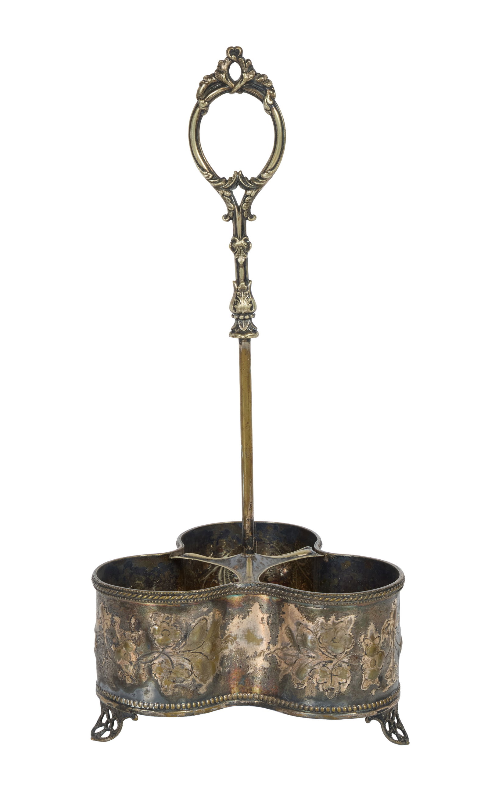 Marilyn Monroe | 1950s Wine Caddy: A piece made of silverplate metal; three footed compartments for bottles, long handle, with a foliate design; please note handle needs to be tightened with a new washer. Partial ex-lot 412; Christie's