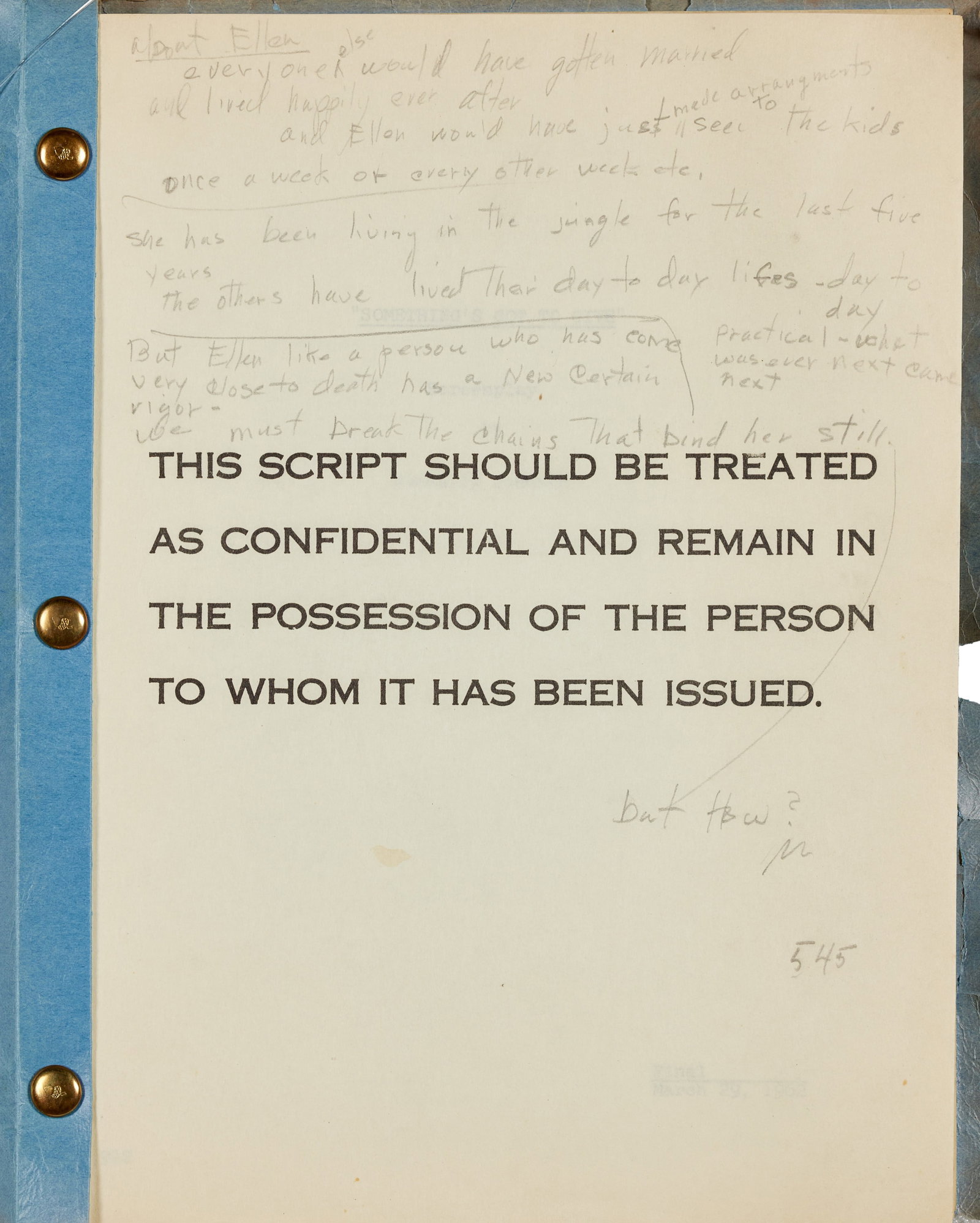 Marilyn Monroe | 1962 Annotated Script from "Something's Got To Give": 20th Century Fox, 1962; light blue covers, marked "Final / Confidential / For Planning Purposes Only," dated "March 29, 1962," screenplay by Nunnally Johnson, 143 pages, the first page only displays e