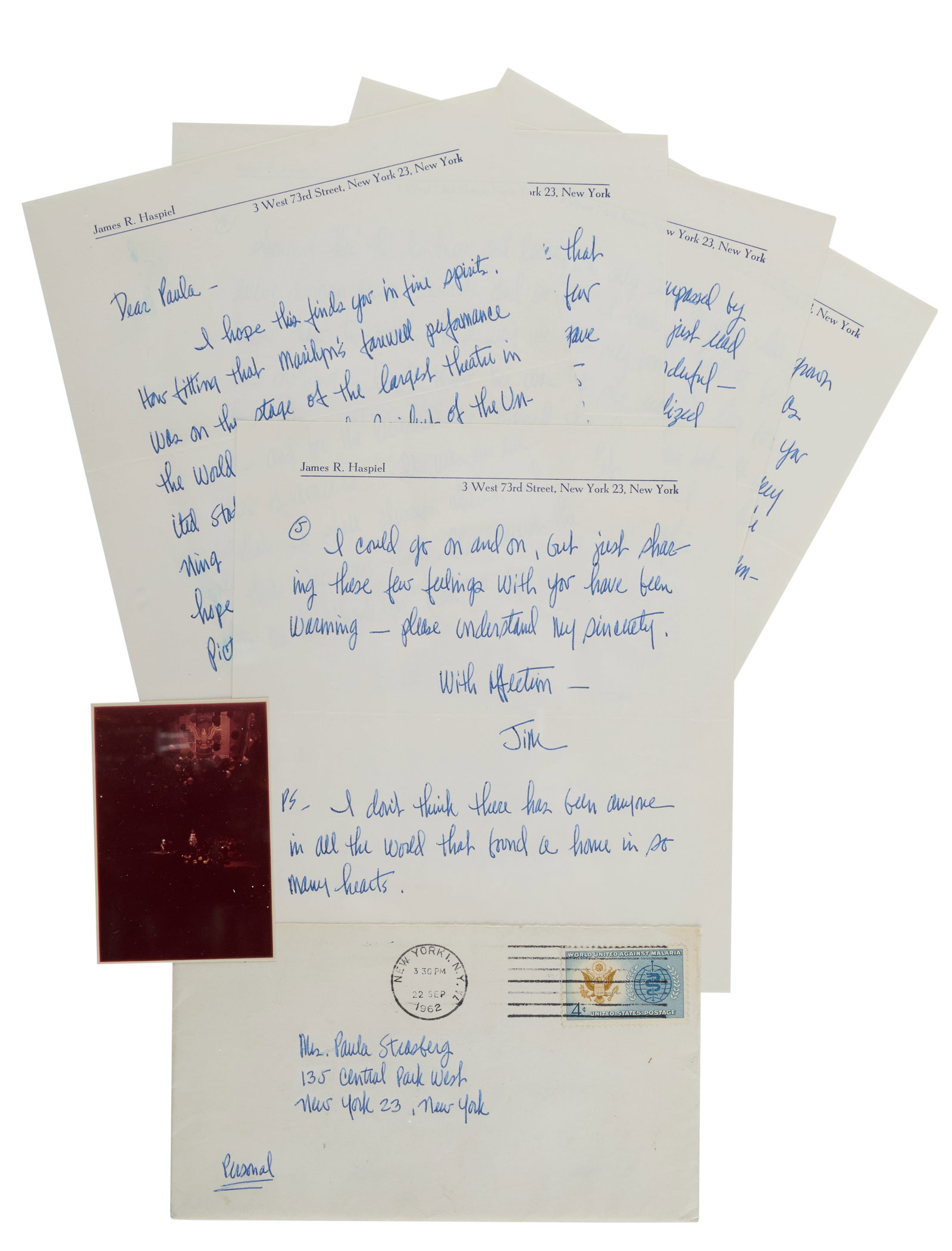 Marilyn Monroe | 1962 James Haspiel Heartfelt Handwritten Letter to Paula Strasberg with a: A five page note on personalized stationery; penned in blue fountain pen ink, undated but from September 1962, sent to Marilyn's acting coach from her #1 Fan, reading in part "Dear Paula - / ?How