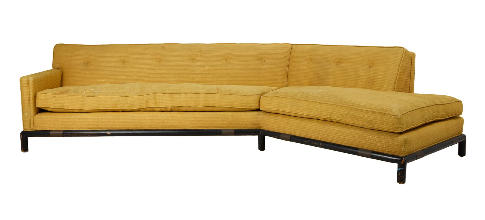 Marilyn Monroe | 1962 Sofa from Photo Shoot with George Barris: A classic mid-century modern piece; in a slight L-shape, goldenrod yellow textured upholstery, two removeable seat cushions, black wooden frame with rounded feet, label reads "Custom Built / RA / And