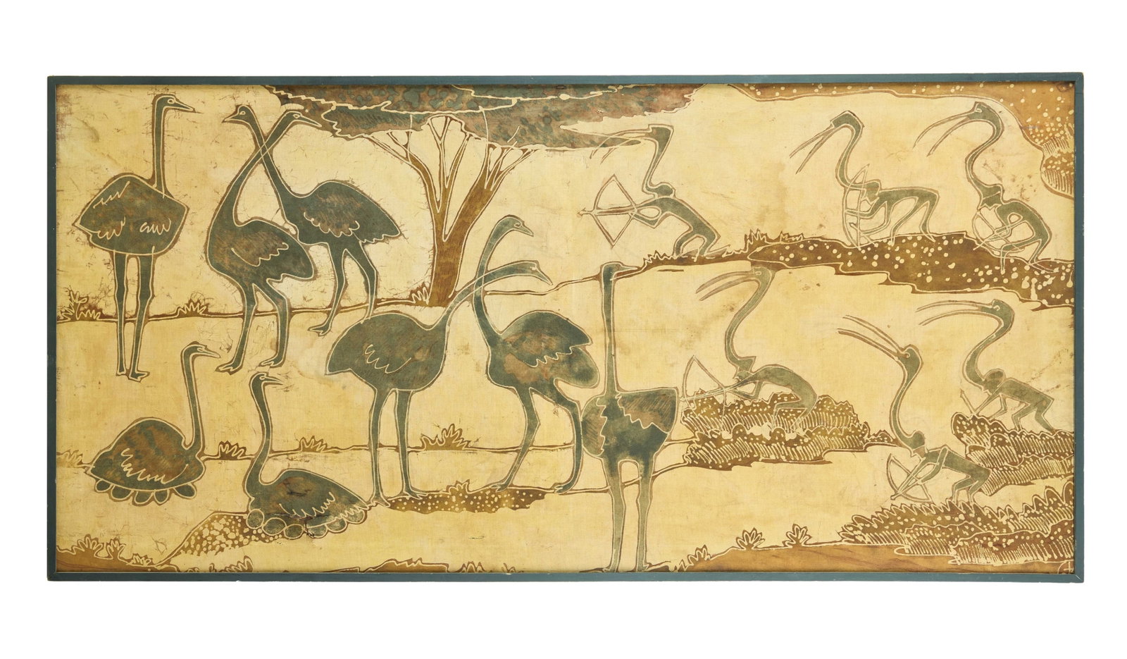 Marilyn Monroe | 1962 Batik Wall Hanging from Photo Shoot with George Barris: A piece made of cloth; depicting ostriches and hunters in earth tones of tan, brown, and black; stretched onto a narrow black wooden frame; please note there is a 3-inch tear in the fabric on the