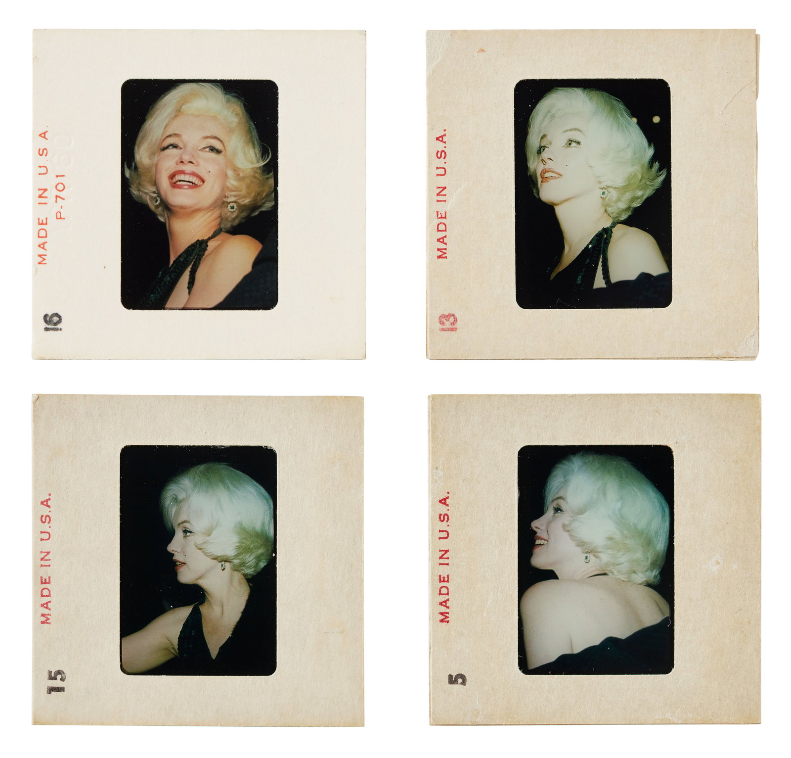 Marilyn Monroe | 1962 Color Slides : A group of four; original prints, housed in cardboard sleeves noting in part "Kodachrome / Transparency" on one side and "Made in U.S.A." on the other; all depict close-up shots of the star's