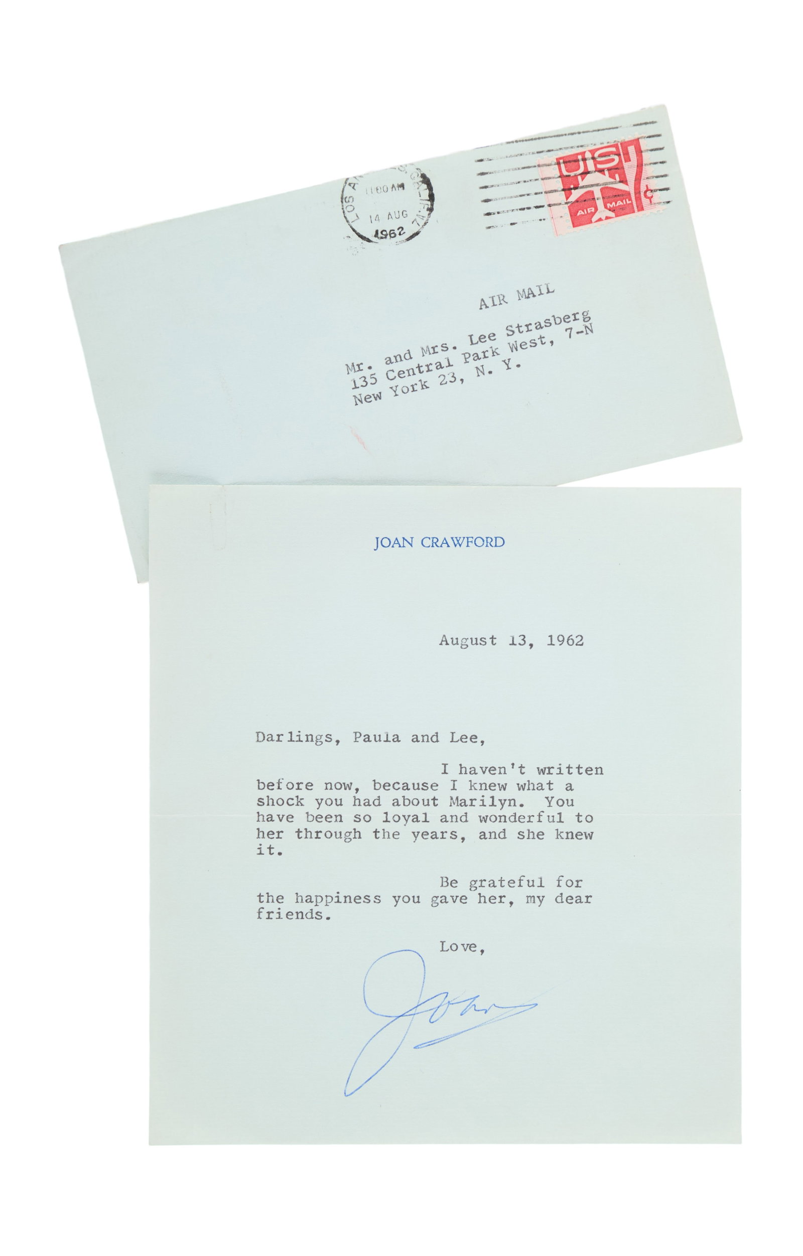 Marilyn Monroe | 1962 Joan Crawford Signed Letter to the Strasbergs: A single sheet of Crawford's famous light blue personalized stationery; typed, dated "August 13, 1962," reading in part "Darlings, Paula and Lee, / ?I knew what a / shock you had about Marilyn / ?Be