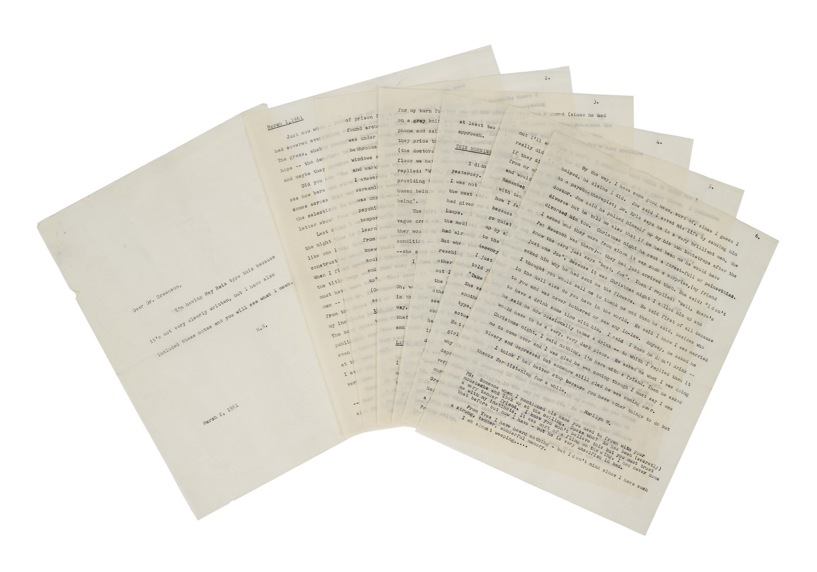 Marilyn Monroe | 1961 Revealing and Very Sad File Copy Letter to Dr. Ralph Greenson (1 of 2)