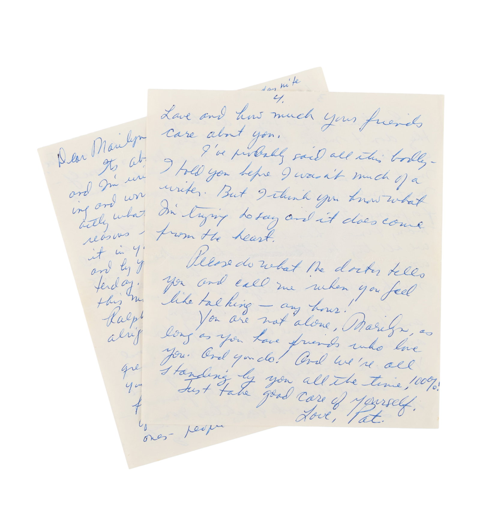 Marilyn Monroe | Circa 1961 Pat Newcomb Heartfelt Handwritten Letter: A note on two pieces of small white stationery; no date, penned in blue ballpoint ink on both sides by the publicist, reading in part "Dear Marilyn - / It's about 2 in the morning here / and I'm