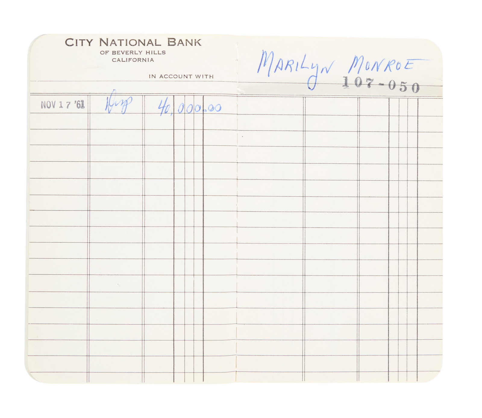 Marilyn Monroe | 1961 Bank Book: A small booklet from City National Bank of Beverly Hills; navy blue covers, inside with a single blue ballpoint ink annotation reading "Marilyn Monroe / Dep 40,000.00" (which is the equivalent of