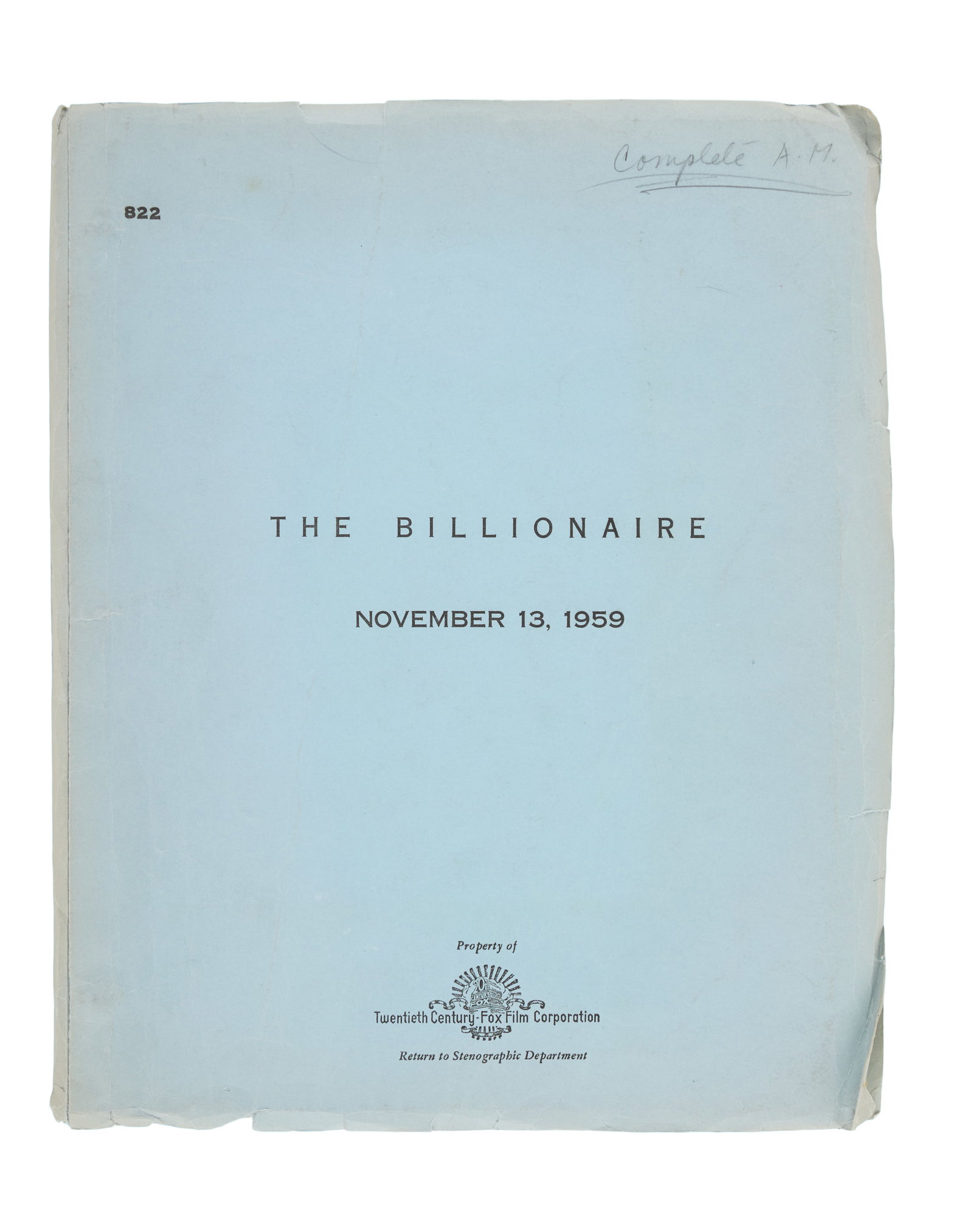 Marilyn Monroe | 1959 Arthur Miller Annotated Script from "Let's Make Love": 20th Century Fox, 1960; light blue covers, with its original working title "The Billionaire," dated "November 13, 1959," ownership signature in upper right corner reads "Complete A.M." [Arthur