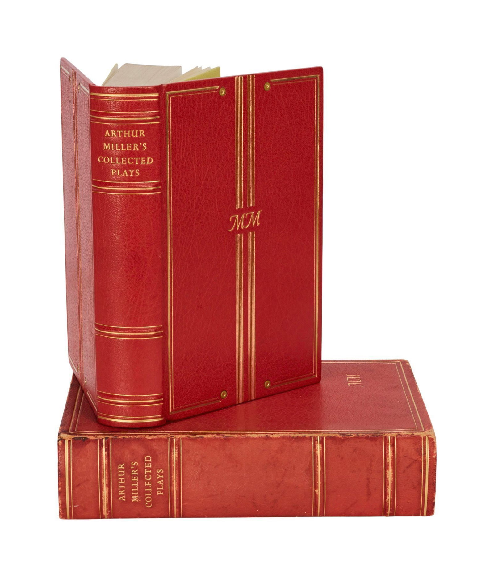 Marilyn Monroe | 1957 Arthur Miller Specially-Bound Book Titled "Arthur Miller's Collected Plays": A unique first edition; hardcover, published by The Viking Press in 1957, red leather covers, stamped in gilt on the front "MM," stamped in gilt on the spine "Arthur / Miller's / Collected / Plays,"