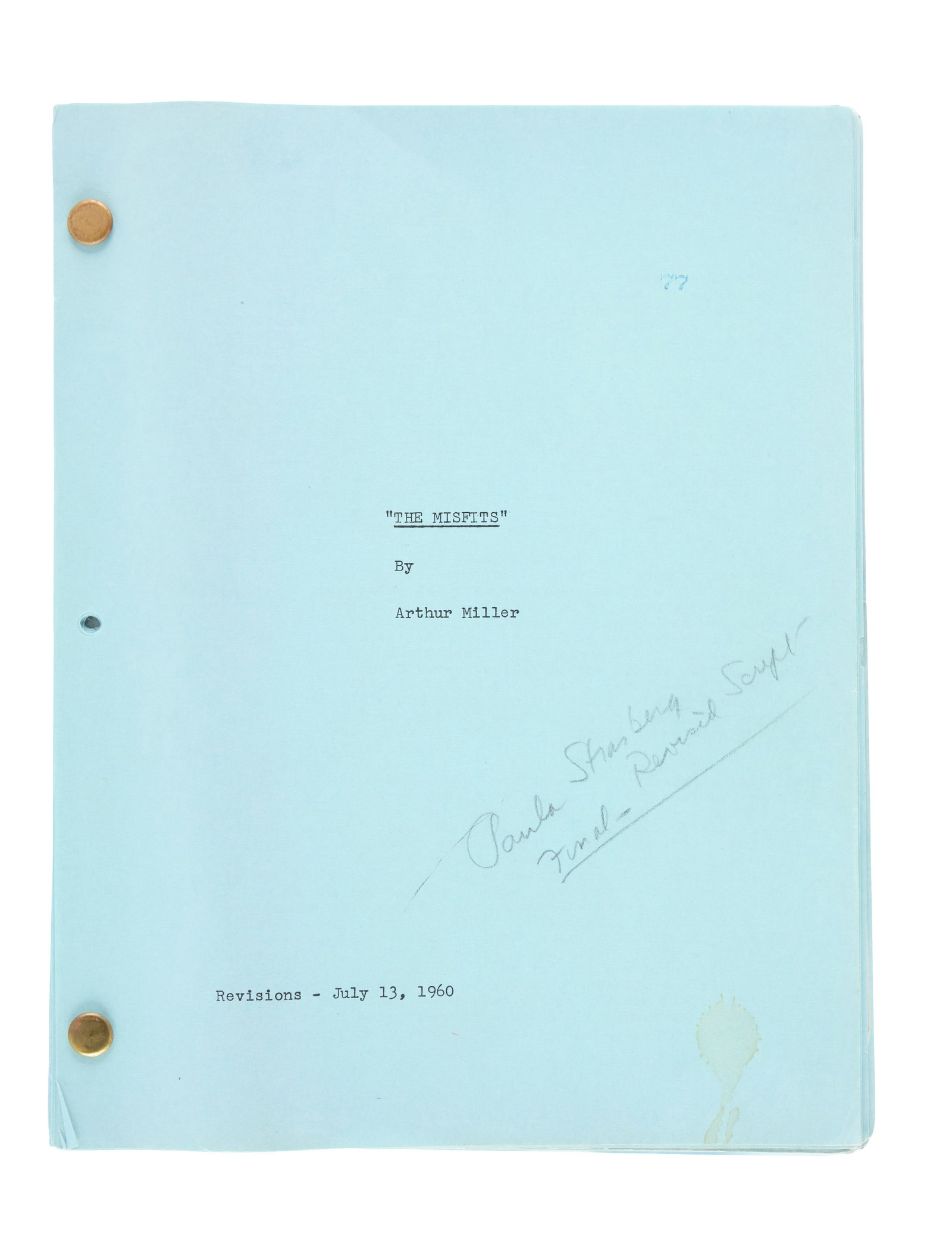 Marilyn Monroe | 1960 Paula Strasberg Incomplete Annotated Script from "The Misfits": United Artists, 1961; light blue covers, marked "Revisions," dated "July 13, 1960," by Arthur Miller, ownership annotation penciled in lower right corner reads "Paula Strasberg / Final Revised