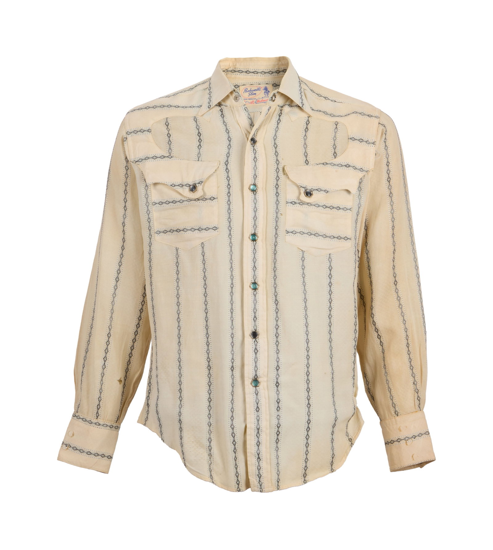 Montgomery Clift | 1961 Shirt from "The Misfits": United Artists, 1961; a garment designed in the Western-style, made of white cotton with a unique black and gray vertical striped pattern, two front pockets with snap closures, 7 snap button front