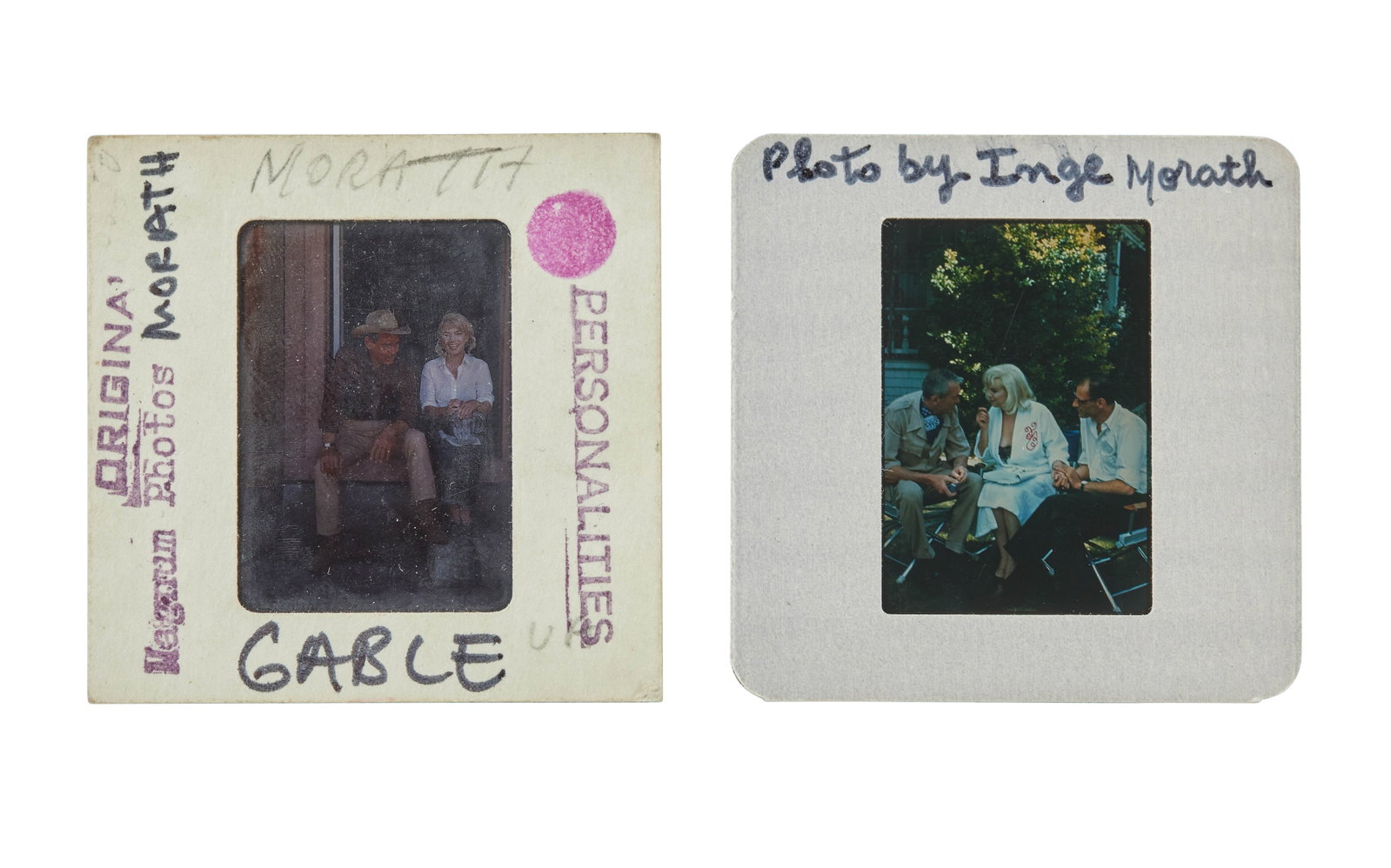 Marilyn Monroe | 1961 Color Slides by Ingle Morath from "The Misfits": United Artists, 1961; a group of two, both housed in vintage cardboard sleeves, one stamped in part "Original / Magnum Photos" with a further handwritten annotation reading "Morath / Gable"; the