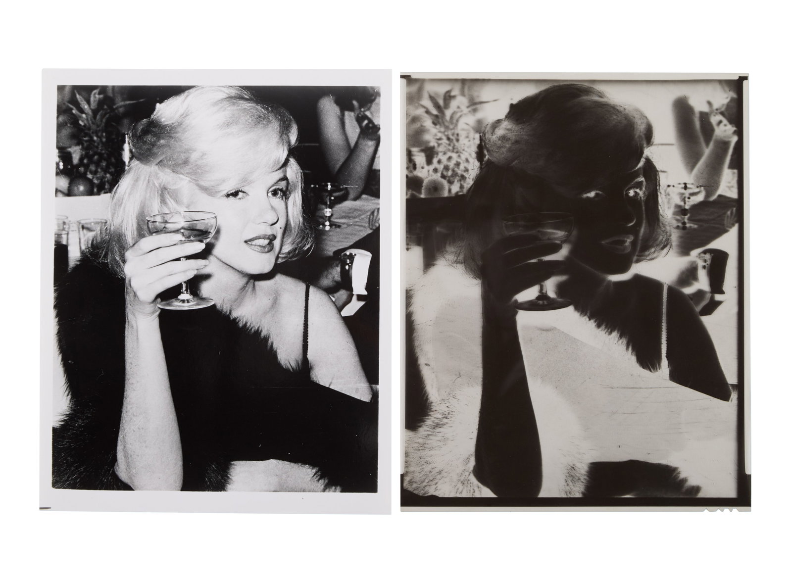 Marilyn Monroe | 1961/1970s Black and White Photograph and Negative: A circa 1970s later print; glossy finish, weight-and-a-half paper, depicting the star holding a coupe of champagne on March 13, 1961 at the Actors Studio benefit she attended at the Roseland Ballroom