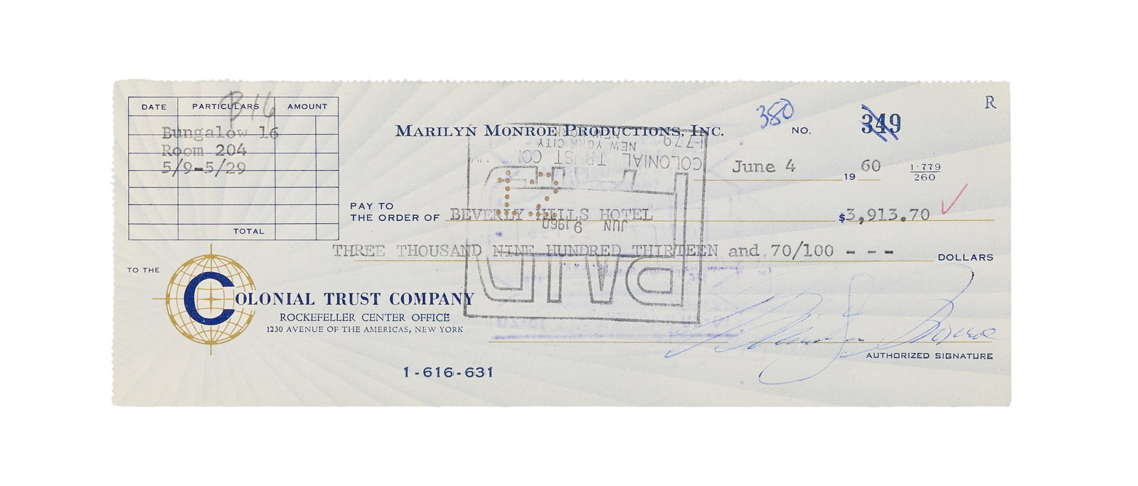 Marilyn Monroe | 1960 Signed Check: A piece from the star's "Marilyn Monroe Productions, Inc." account at the Colonial Trust Company in NYC; dated "June 4, 1960," typed out to the "Beverly Hills Hotel / Bungalow 16 / Room 204" in the am