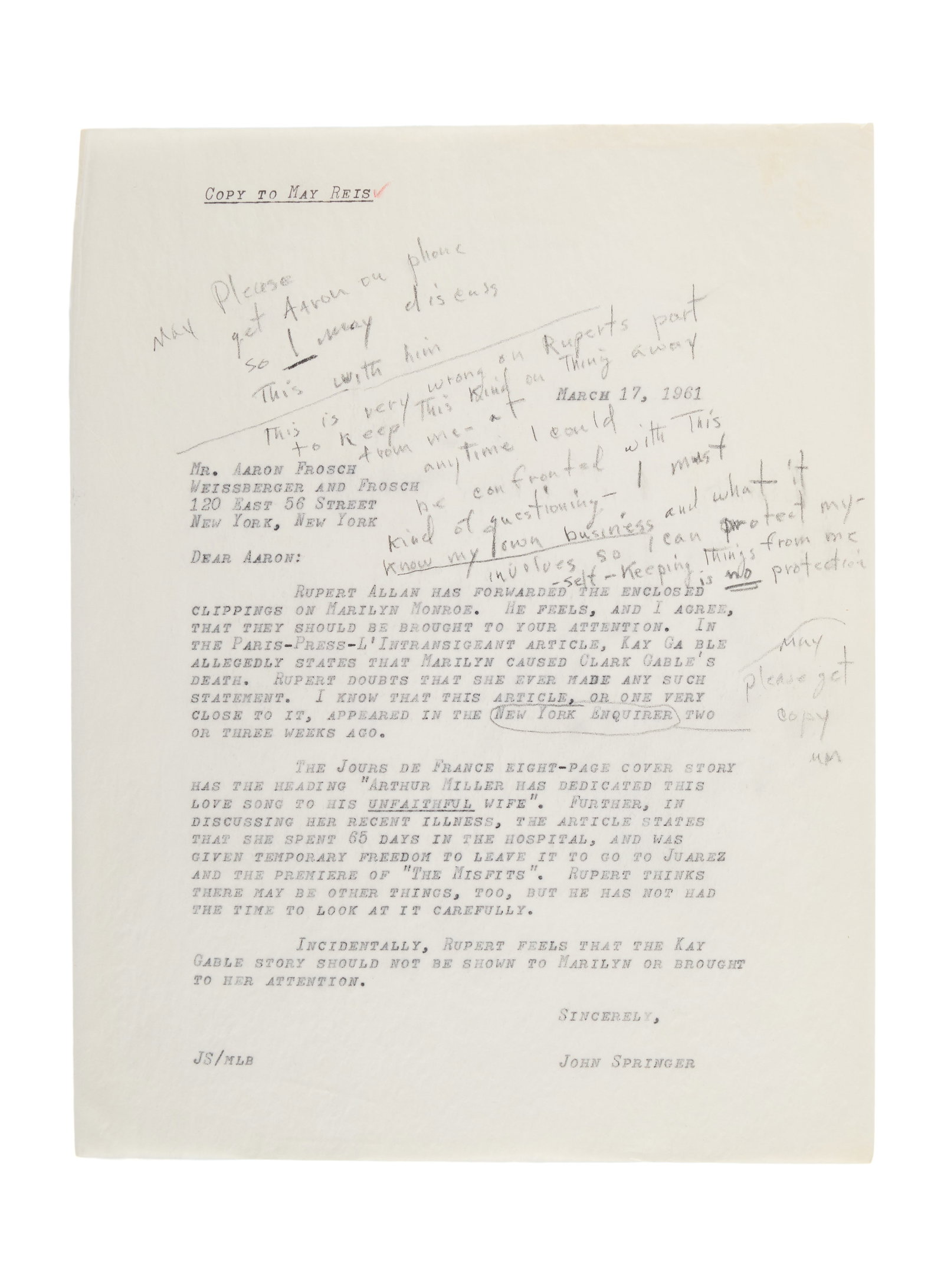 Marilyn Monroe | 1960 Exasperated Annotated Note (1 of 2)