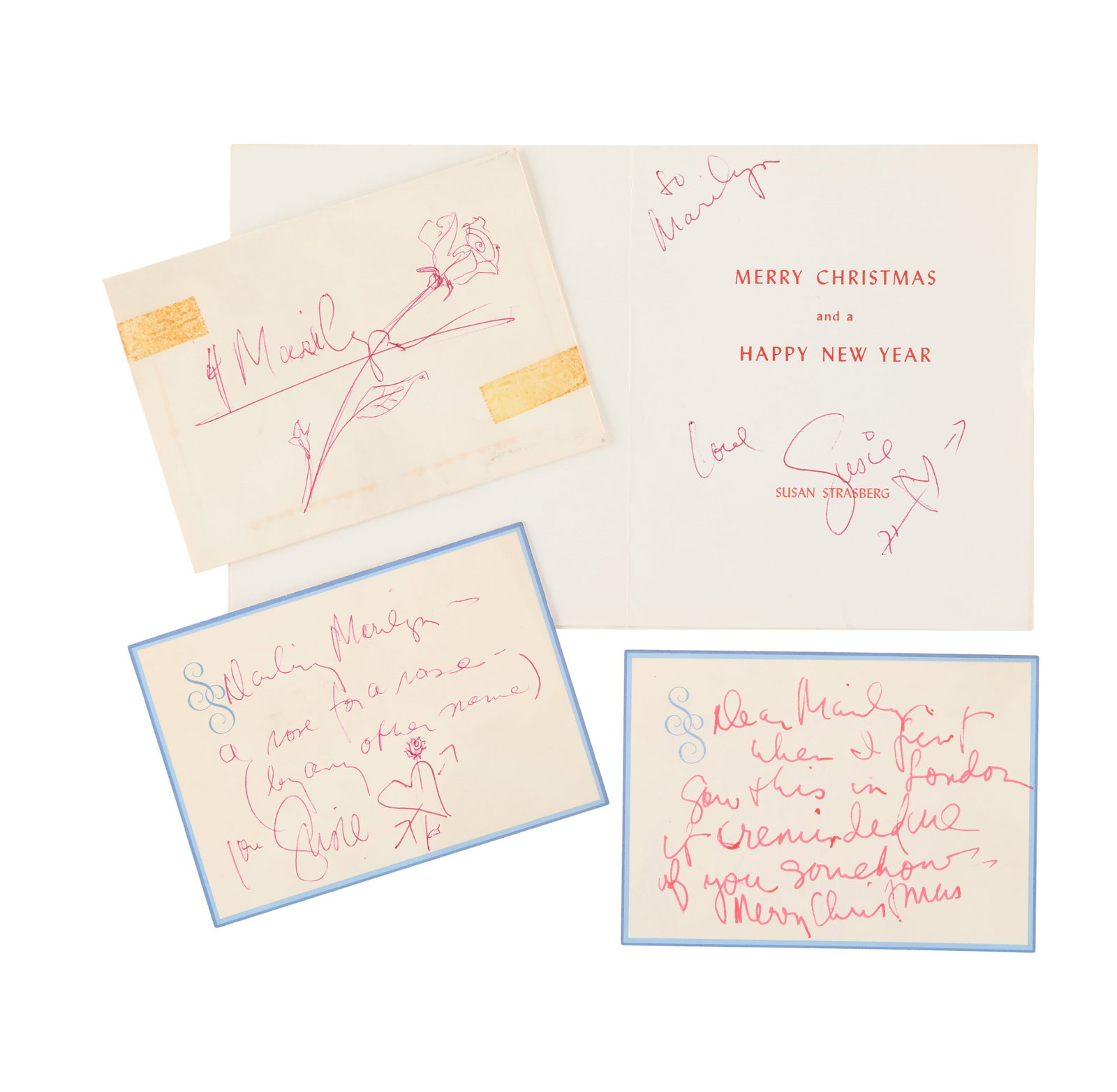 Marilyn Monroe | 1960-1961 Susan Strasberg Signed Notes: A group of three; all sent to the star by her acting coachs' daughter; the first a Christmas card, penned in red ballpoint ink "To / Marilyn / Love / Susie"; the second a notecard, penned in same ink 