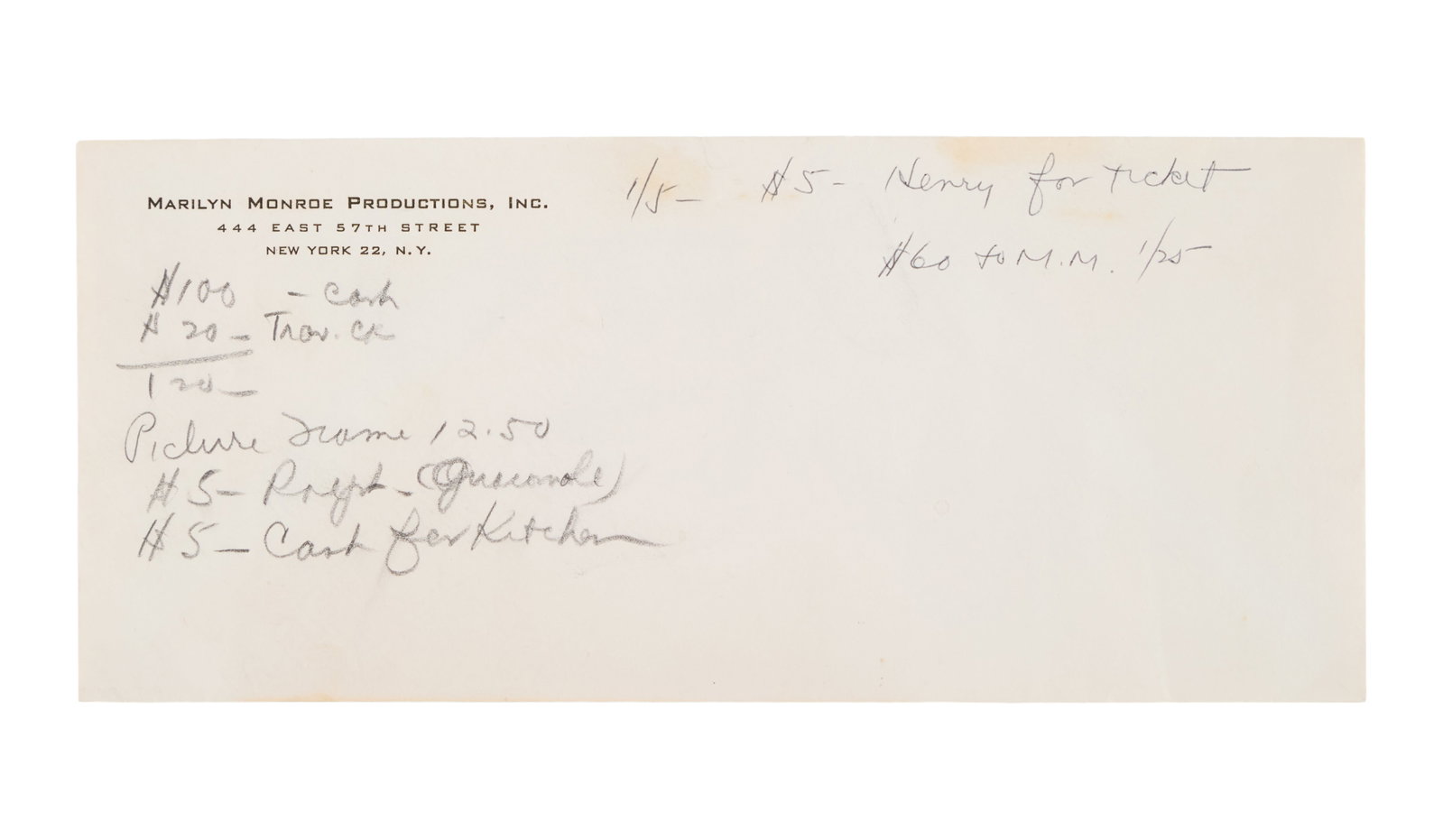 Marilyn Monroe | Circa 1960 Interesting Envelope: A single piece; with the star's return business address printed in the upper left corner reading "Marilyn Monroe Productions, Inc. / 444 East 57th Street / New York 22, N.Y." [which was actually her N