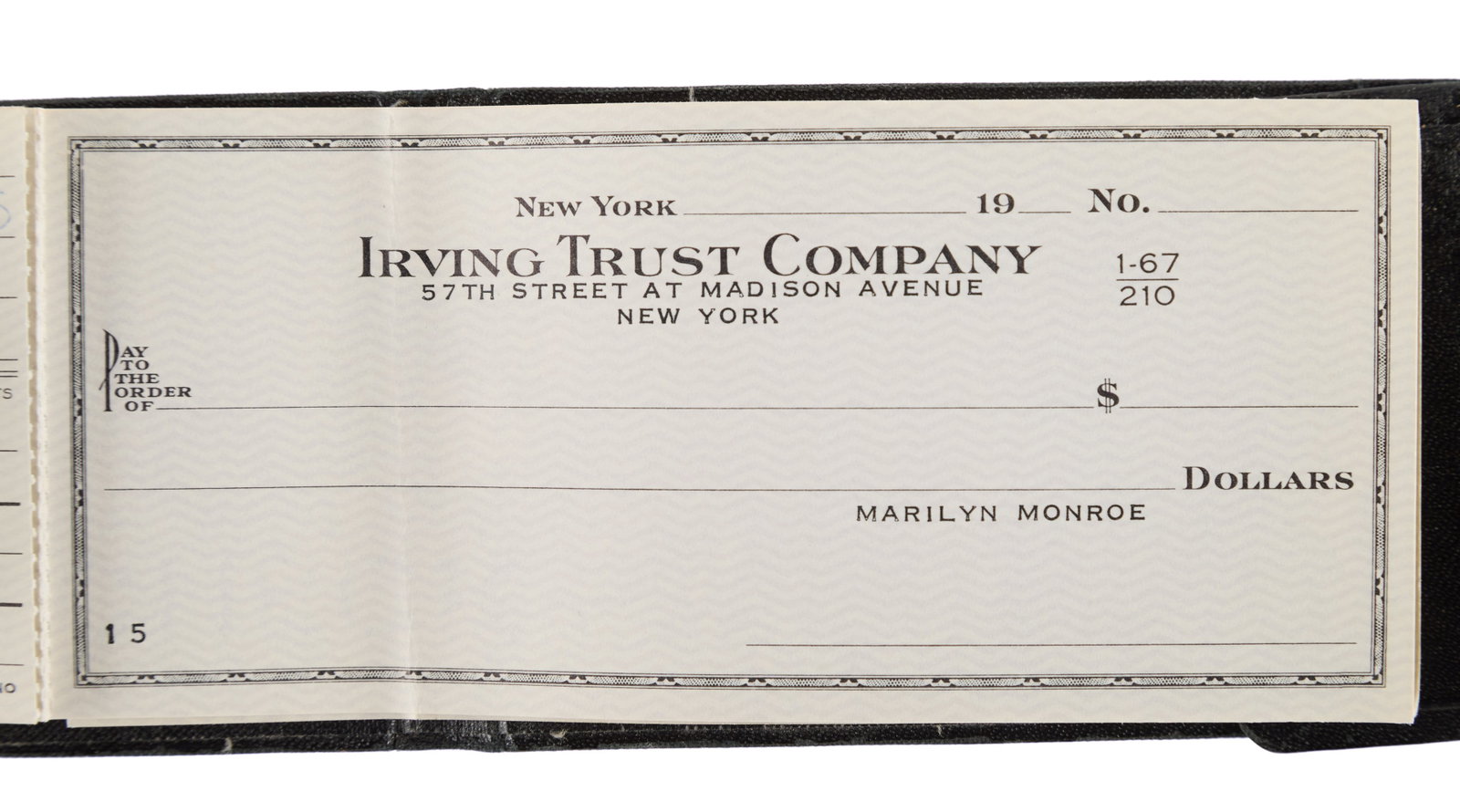 Marilyn Monroe | 1960 Partially-Used and Unused Business Checks in Billfold: A small black leather case with a snap closure; embossed on the cover with the seal of "The First National City Bank of New York," folded up inside are nine unused checks from the star's Irving Trust 
