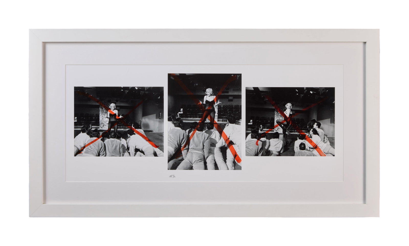 Marilyn Monroe | 1960/2012 Oversized Black and White Triptych of Photographs from "Let's Make Love": A circa 2012 later print; large format [14"x30"], glossy finish, on Archival Byrita paper, depicting three separate images of the star as male dancers surround her in a scene from her 1960 20th Centur