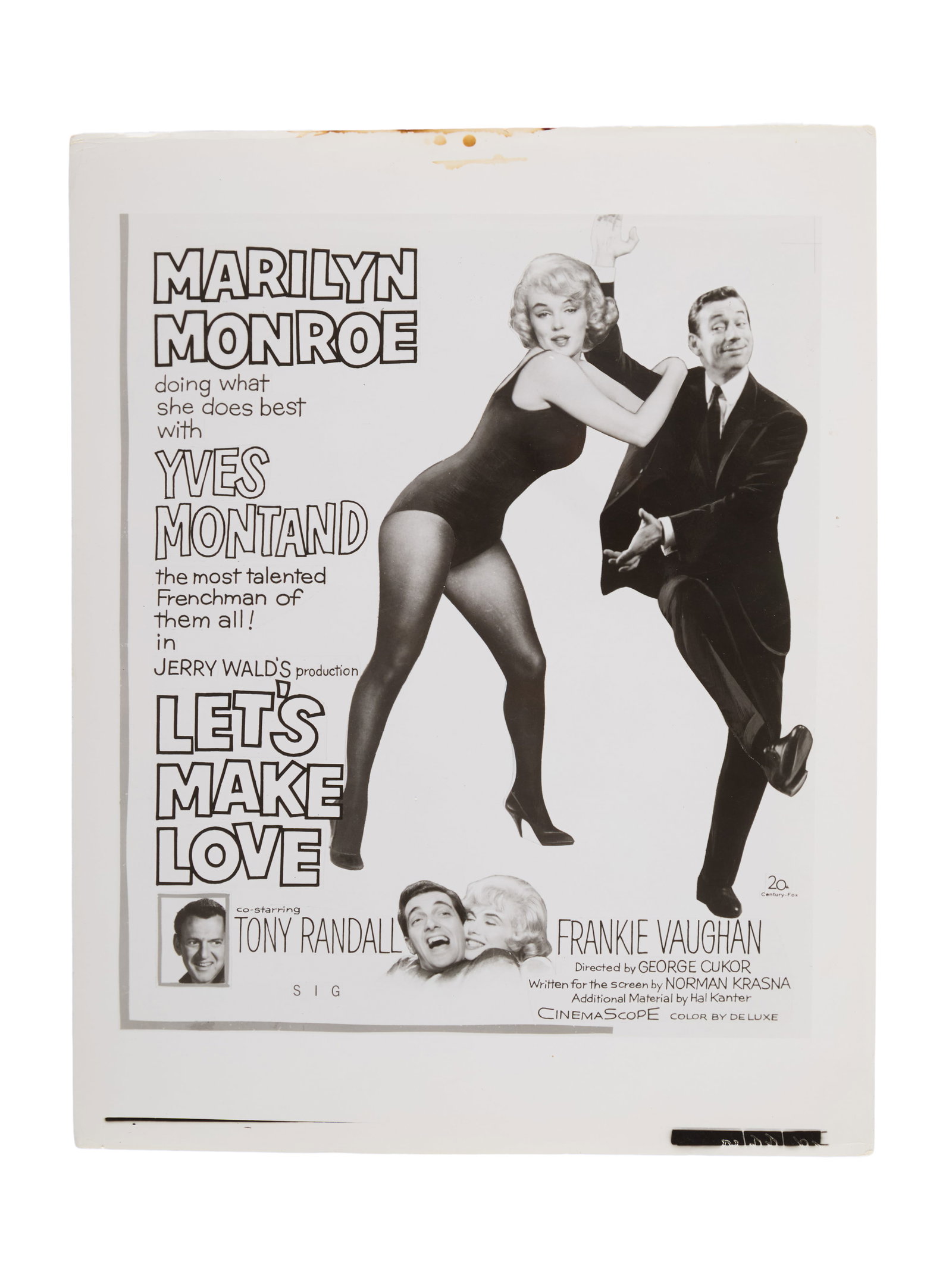 Marilyn Monroe | 1960 Black and White Advertising Photograph from "Let's Make Love": 20th Century Fox, 1960; an original print; glossy finish, seeming to be a "photo ready" image for some type of print advertising for the romantic comedy co-starring Yves Montand; verso with a later bl