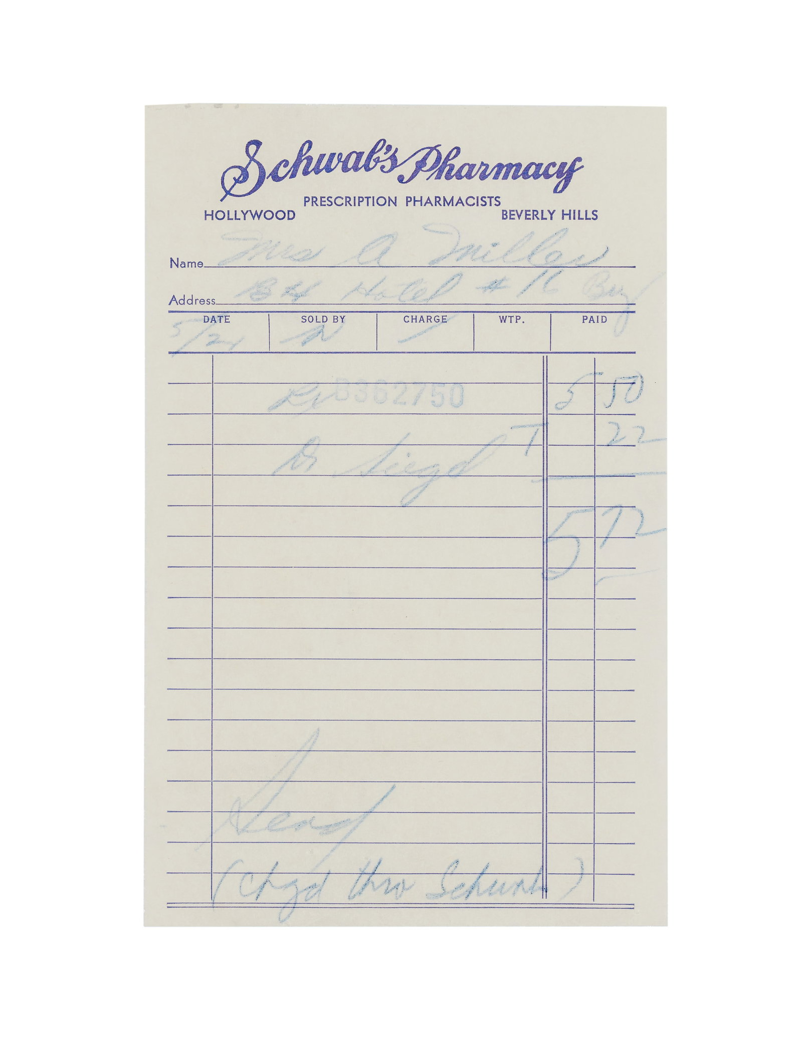 Marilyn Monroe | 1960 Receipt from the Famous Schwab's Pharmacy: A single carbon copy sheet; dated "5/21" [1960], for "Mrs. A. Miller" at the "BH Hotel #16 Bg" [Bungalow], for an unspecified prescription from "Dr. Seigel" in the amount of "$5.72" ? Dr. Lee Seigel w