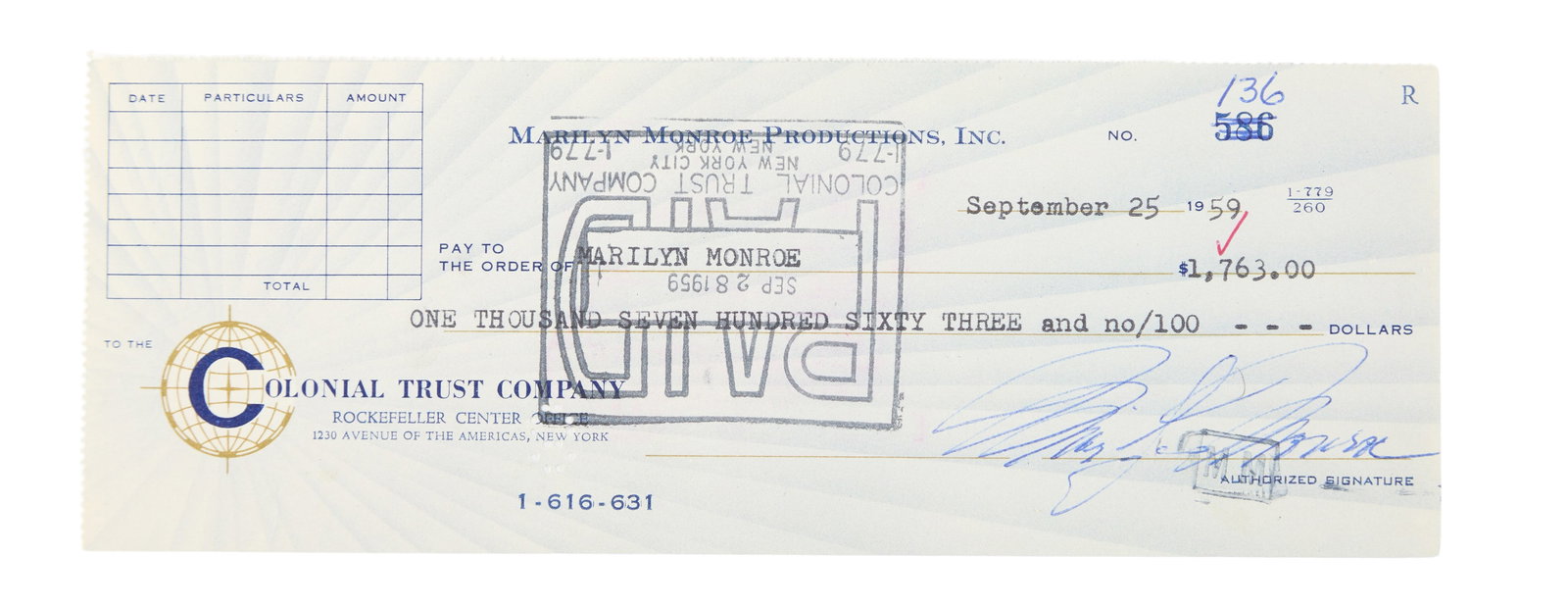 Marilyn Monroe | 1959 Signed Check to Herself (1 of 2)