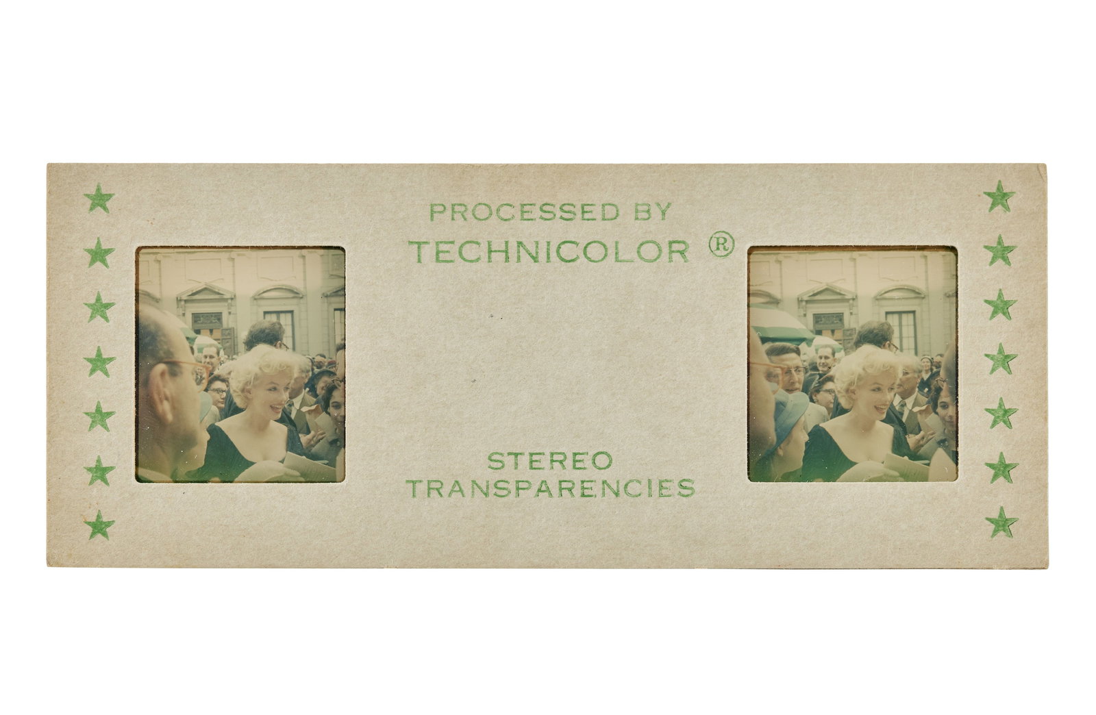 Marilyn Monroe | Circa 1959 Never-Before-Seen Color "Stereo Transparency": A single image; but with two identical slides mounted side-by-side in the same cardboard sleeve ? when viewed in a stereoscope, it would create a 3D effect ? image depicts a decent close-up of the sta