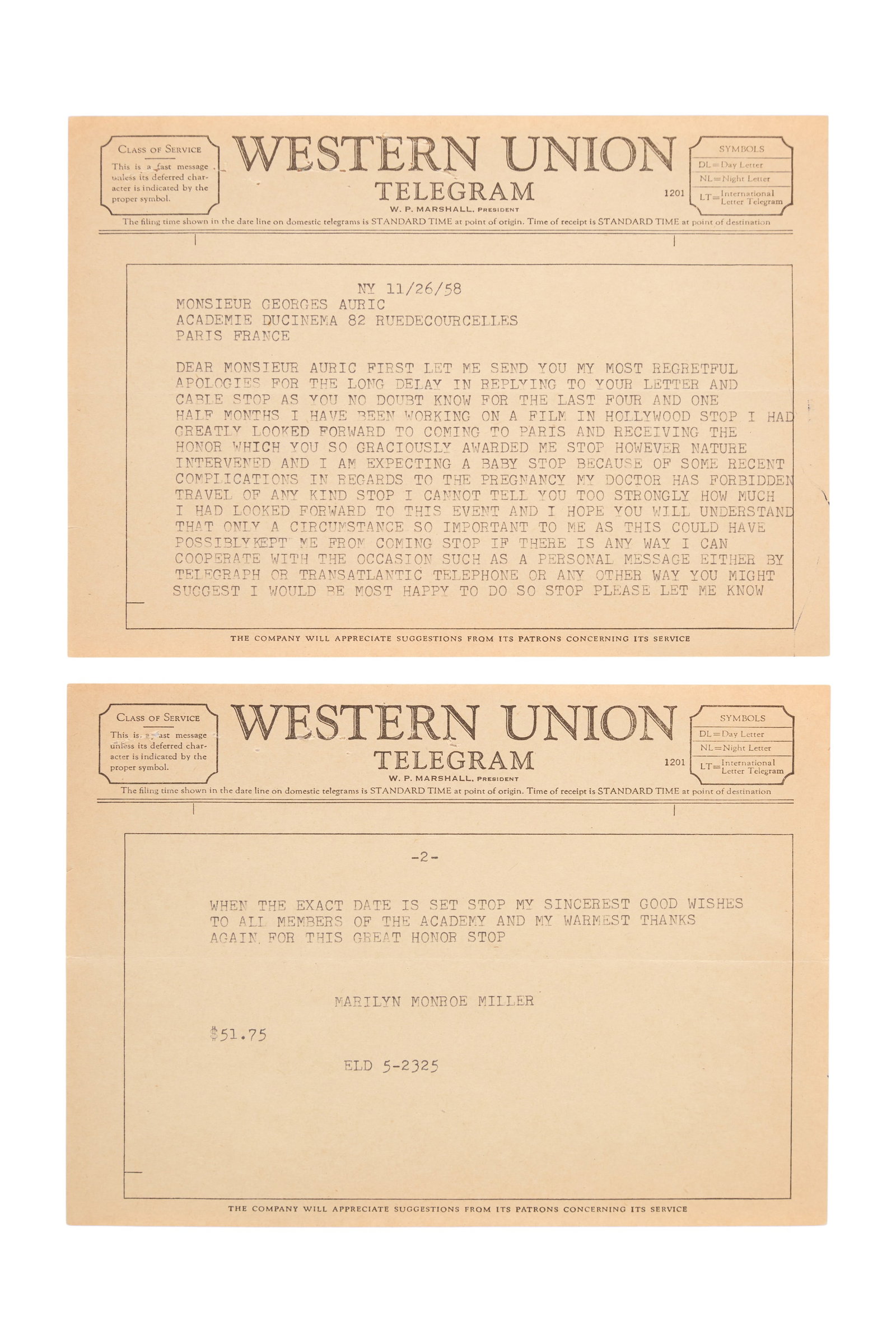 Marilyn Monroe | 1958 File Copy of Sent Telegram Mentioning Her Pregnancy: A two-page Western Union telegram; dated "11/26/58," sent by the star to the Academie Du Cinema in Paris, France, reading in part "?I had / greatly looked forward to coming to Paris and receiving the 
