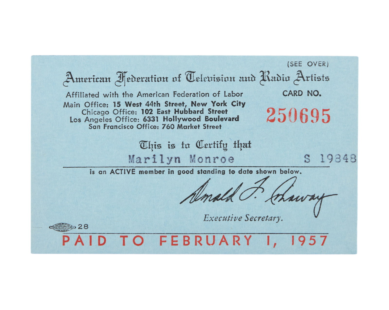 Marilyn Monroe | 1957 AFTRA Membership Card: A small light blue document from the American Federation of Television and Radio Artists union; noting the star's typed name on the front and her ID number of "S 19848," further noting her dues were "