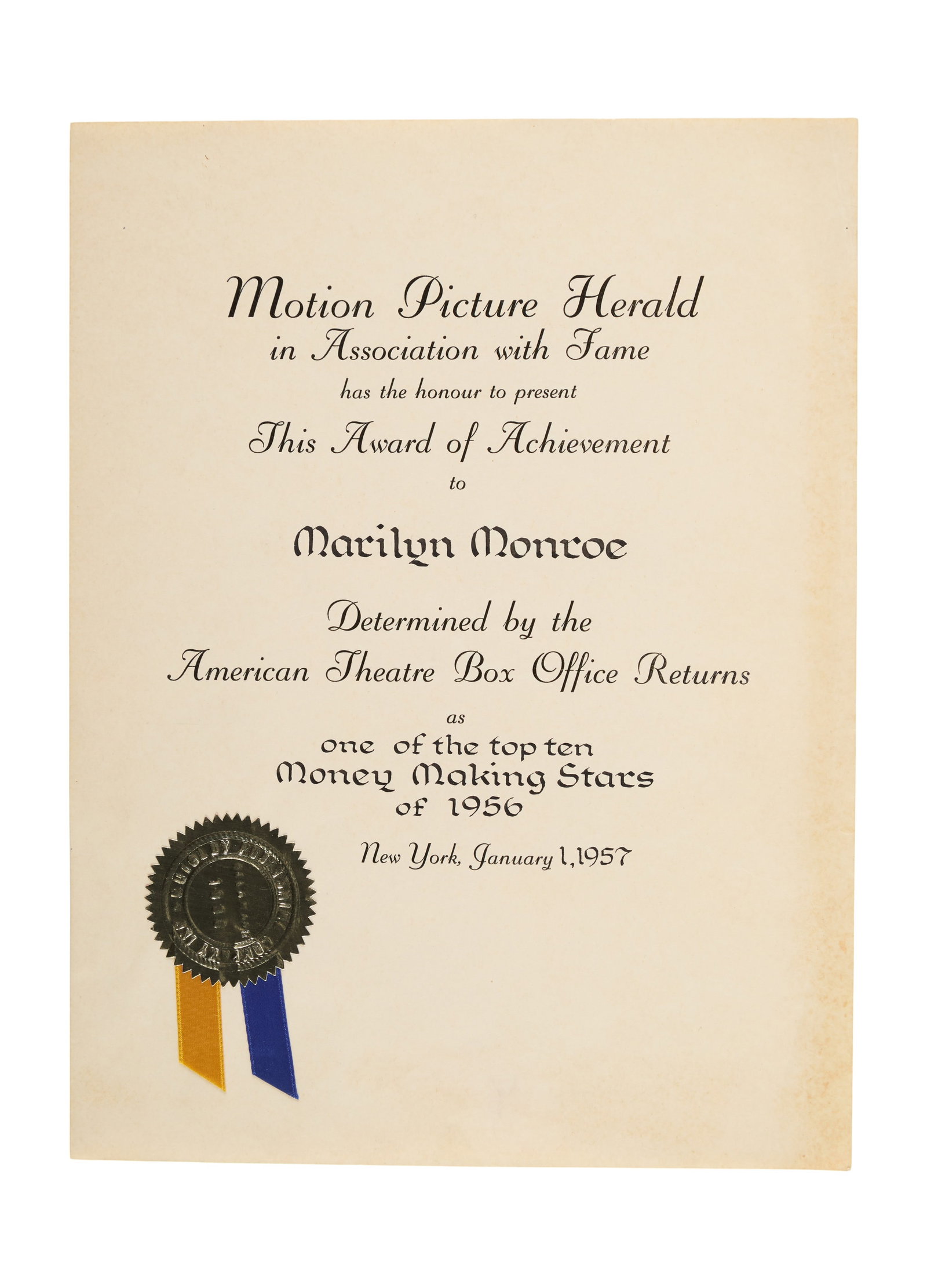 Marilyn Monroe | 1957 Citation: A piece presented to the star by the Motion Picture Herald; for being "one of the top ten / Money Making Stars / of 1956," noting a date of "New York, January 1, 1957."
