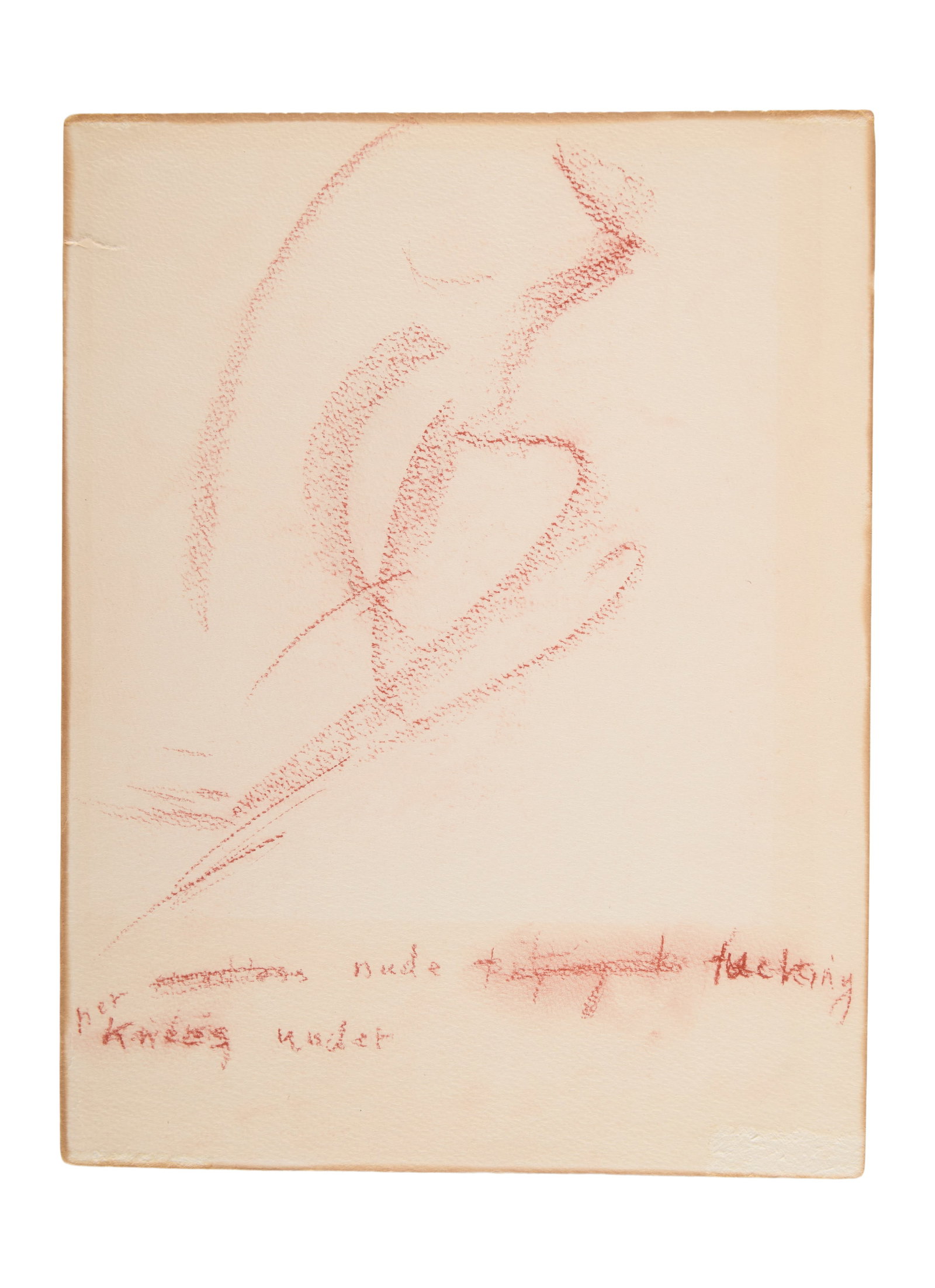 Marilyn Monroe | Circa 1956 Original Sketch: A work rendered in orange wax pencil on beige construction paper; depicting an abstract image of a nude female, Marilyn's handwritten annotation below reads "nude tucking / her / knees under;" gifted 