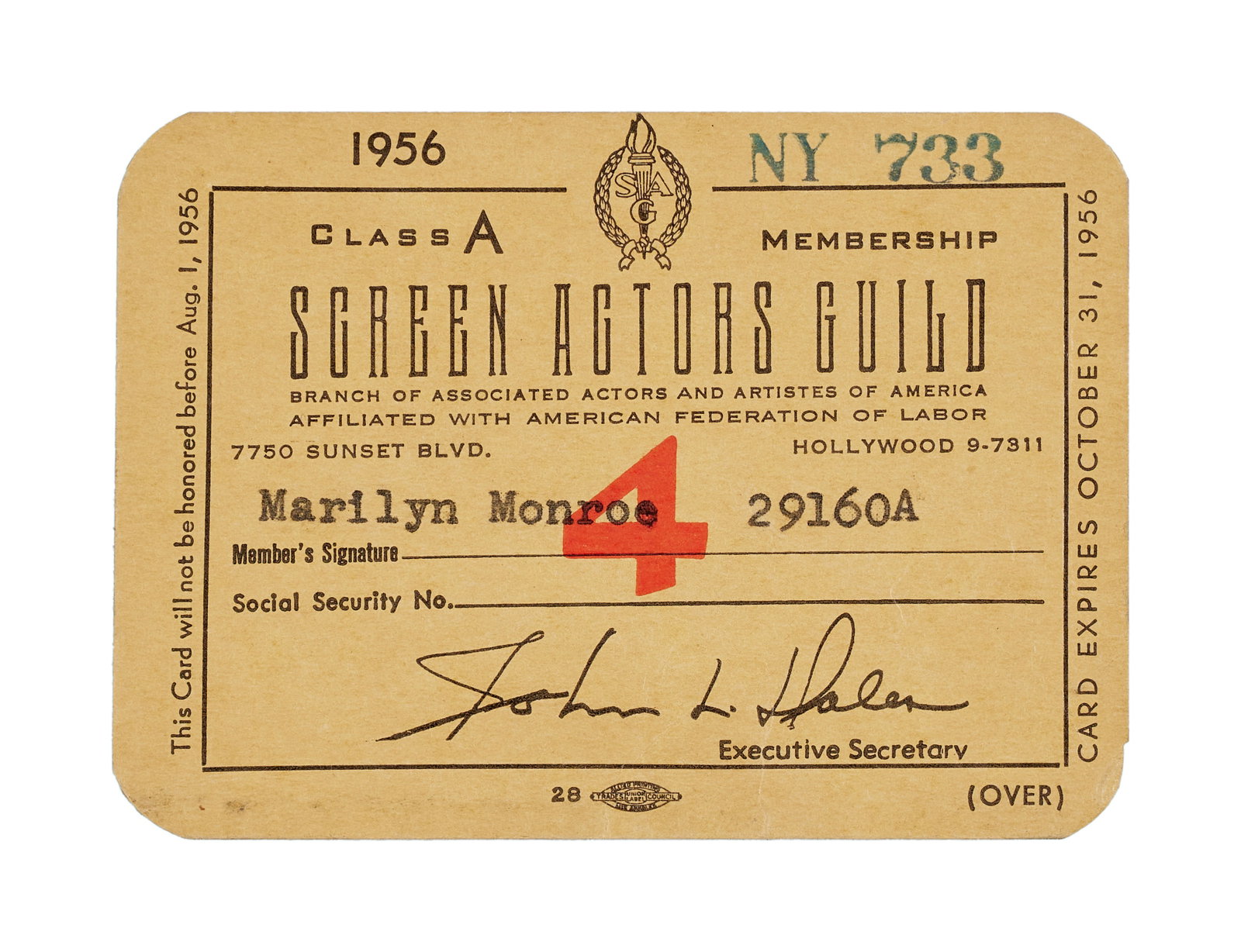 Marilyn Monroe | 1956 SAG Membership Card: A small tan document; noting that the star's Screen Actors Guild standing was good until the expiration date of "October 31, 1956," her name and membership number typed on the line where she was suppo