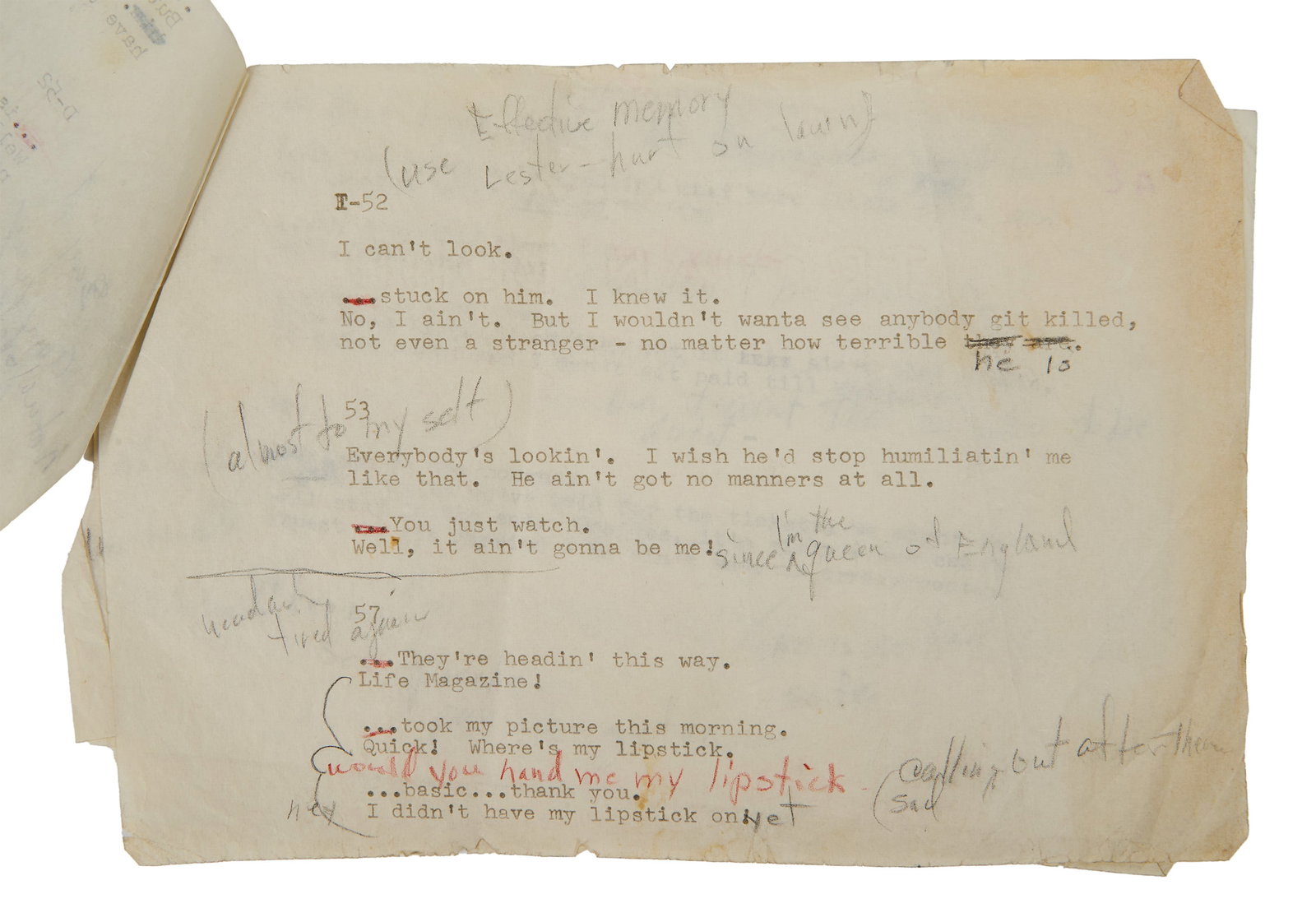 Marilyn Monroe | 1956 Annotated Sides from "Bus Stop": 20th Century Fox 1956; a group of seven half-sheets pinned together, each with typed dialogue from the star's film, six pages feature notes handwritten in pencil by Marilyn such as "avoid looking / at