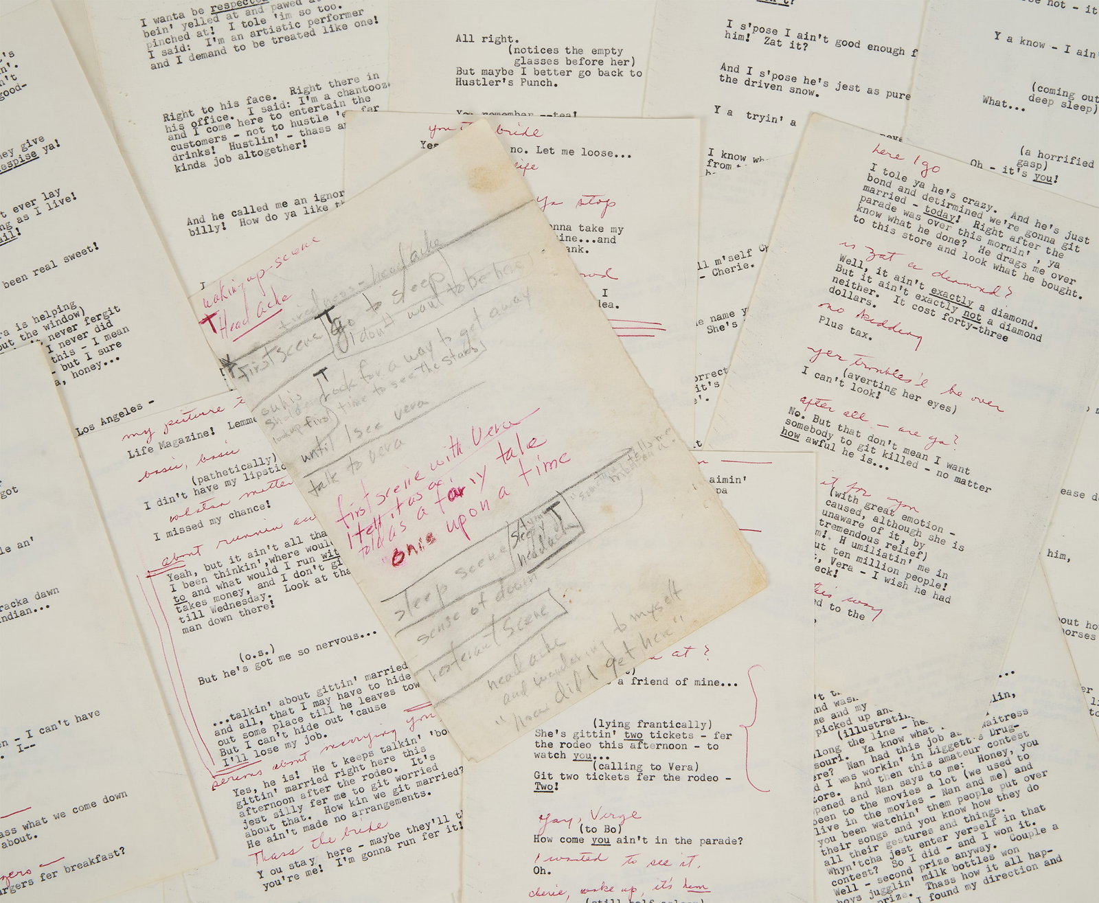 Marilyn Monroe | 1956 Annotated Sides from "Bus Stop": 20th Century Fox 1956; a group of 17 typed loose-leaf half-sheets of dialogue from the star's drama; Marilyn's handwritten notes appear on the verso of one page only in both pencil and red ballpoint i