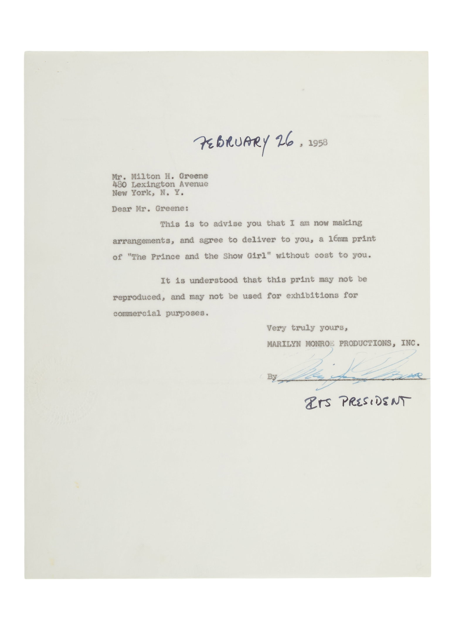 Marilyn Monroe | 1958 Signed Short Note to Milton H. Greene: A single page; typed, dated "February 26, 1958," addressed to her one-time business partner, outlining how a print of her 1957 Warner Bros. film "The Prince and the Show Girl" would be delivered to hi