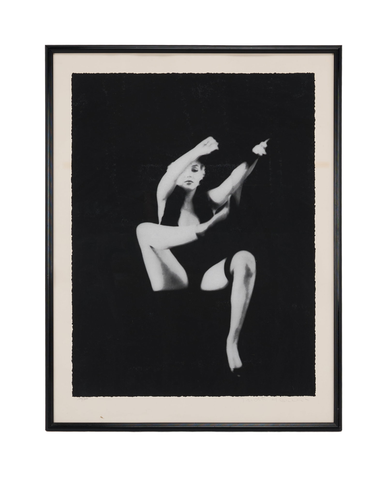Marilyn Monroe | 1956/1980s Huge Limited Edition Black and White Photograph Signed by Milton H.: A circa early 1980s silkscreen photographic print; large format, matte finish, ragged edge, depicting the star removing one of her silk stockings from the famous 'Black Sitting" shot in NYC in Februar