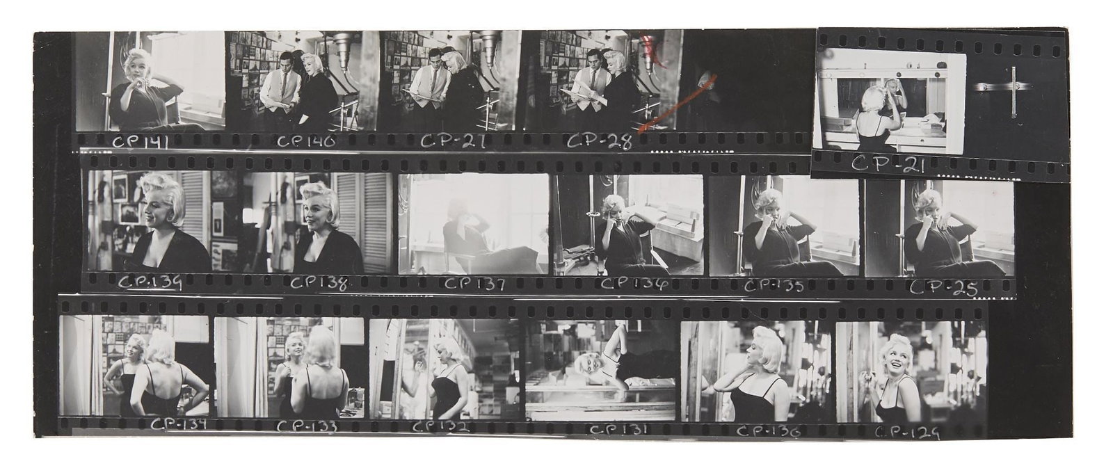 Marilyn Monroe | 1955 Rare Black and White Contact Sheet by Milton H. Greene: An original print; glossy finish, depicting 17 unpublished images of the star in Greene's studio on Lexington Avenue in NYC on January 28, 1955; originally consigned directly from the estate of Milton