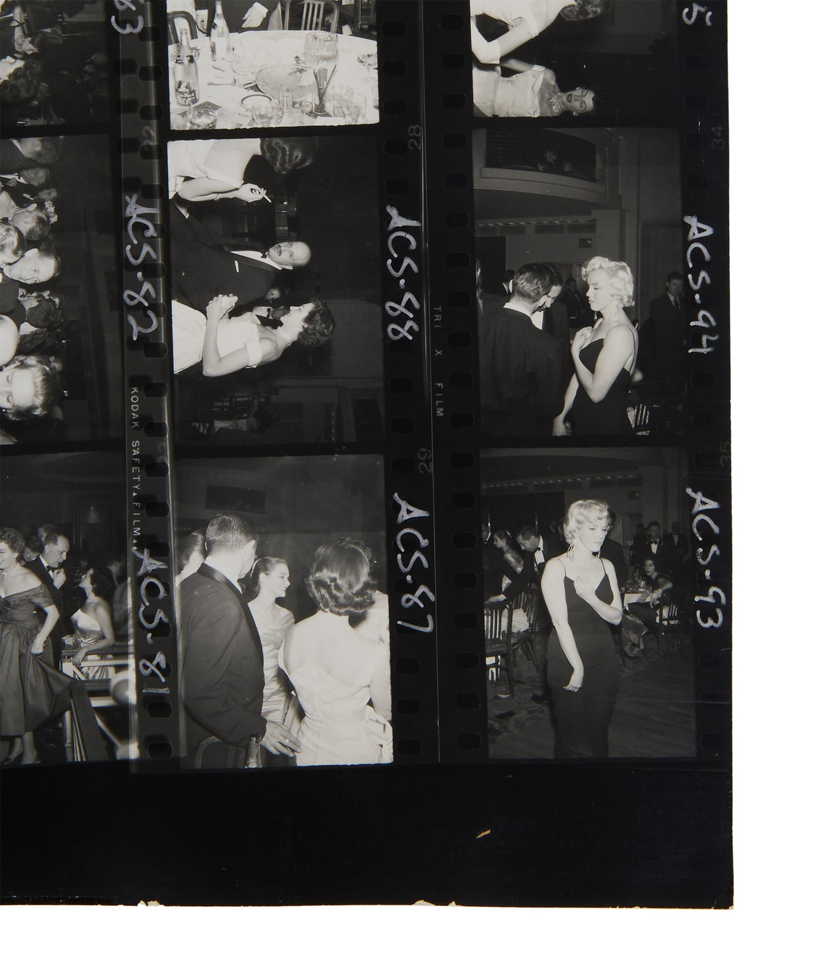 Marilyn Monroe | 1955 Rare Black and White Contact Sheet by Milton H. Greene: A single sheet with 34 individual images; glossy finish, taken by the photographer (even though he does appear in one shot), from the December 12, 1955 fundraiser for The Actors Studio which took plac