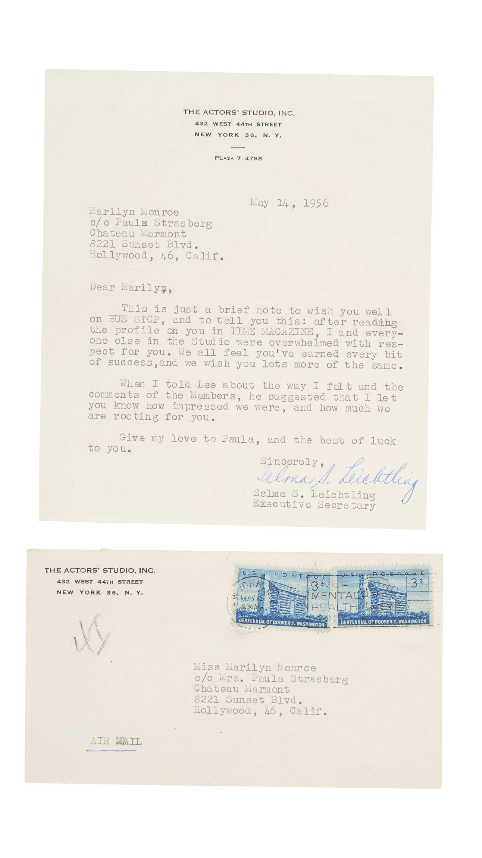 Marilyn Monroe | 1956 Note Related to The Actors Studio: A single sheet on the business stationery of The Actors Studio in New York; dated "May 14, 1956," addressed to the star at the "Chateau Marmont," reading in part "Dear Marilyn, / This is just a brief 