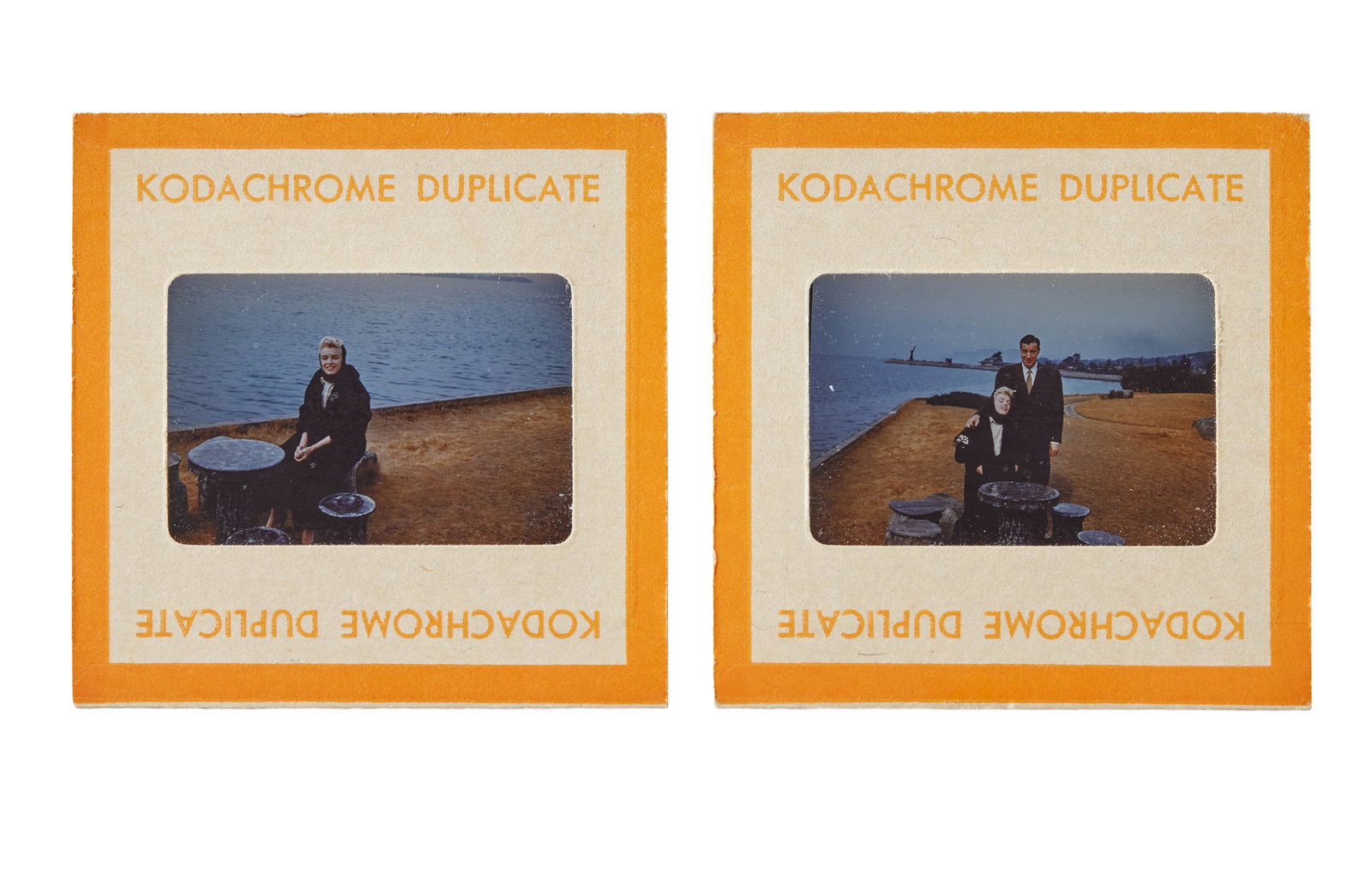 Marilyn Monroe | 1954 Never-Before-Seen Color Slides from Japan: A group of two; original prints, housed in cardboard sleeves with text on one side reading in part "Kodachrome Duplicate" and on the other "Made in U.S.A.," the first shows the star sitting alone at a