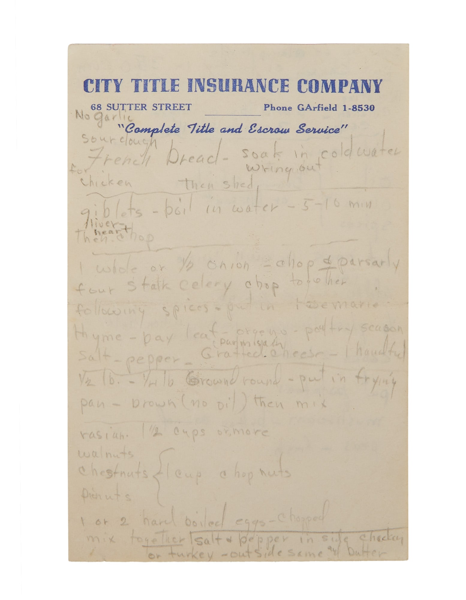 Marilyn Monroe | Circa 1954 Handwritten Recipe for Stuffing: A single sheet of memo paper from "City Title Insurance Company"; no city indicated but likely a San Francisco business as a Sutter Street address is noted, entirely penciled on both sides by the star
