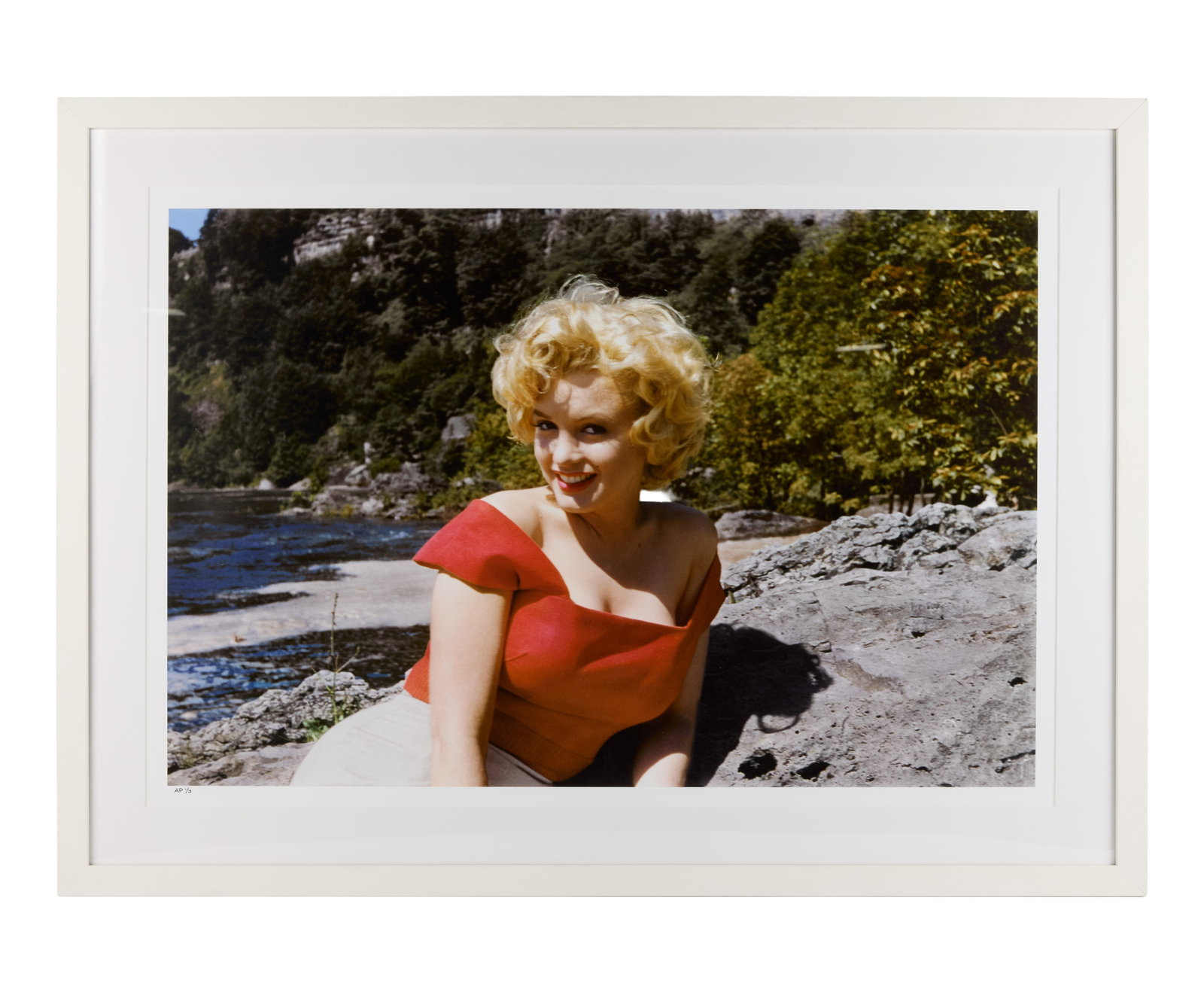 Marilyn Monroe | 1953/2012 Oversized Stunning Color Photograph by Allan "Whitey" Snyder from: A circa 2012 later print; large format [24"x36"], glossy finish, on Hahnem?hle Archival Harmon Fiber Gloss paper, depicting a gorgeous image of the star wearing a red blouse taken by her beloved
