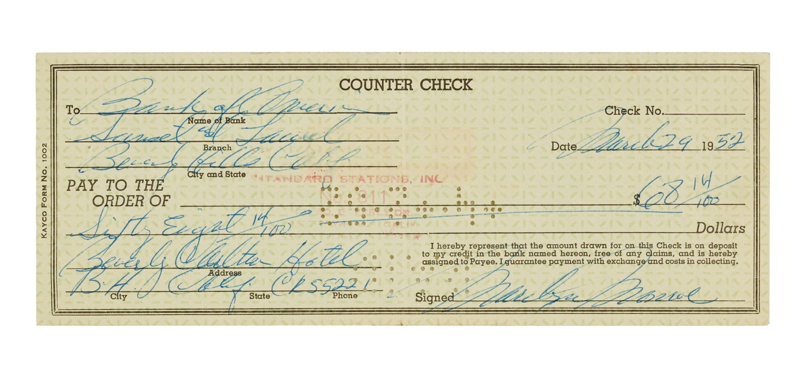 Marilyn Monroe | 1952 Handwritten Counter Check: A piece entirely penned in blue fountain pen ink by the star; from her "Bank of America" account at "Sunset and Laurel," dated "March 29, 1952," paid to Standard Stations, Inc., in the amount of "$68.