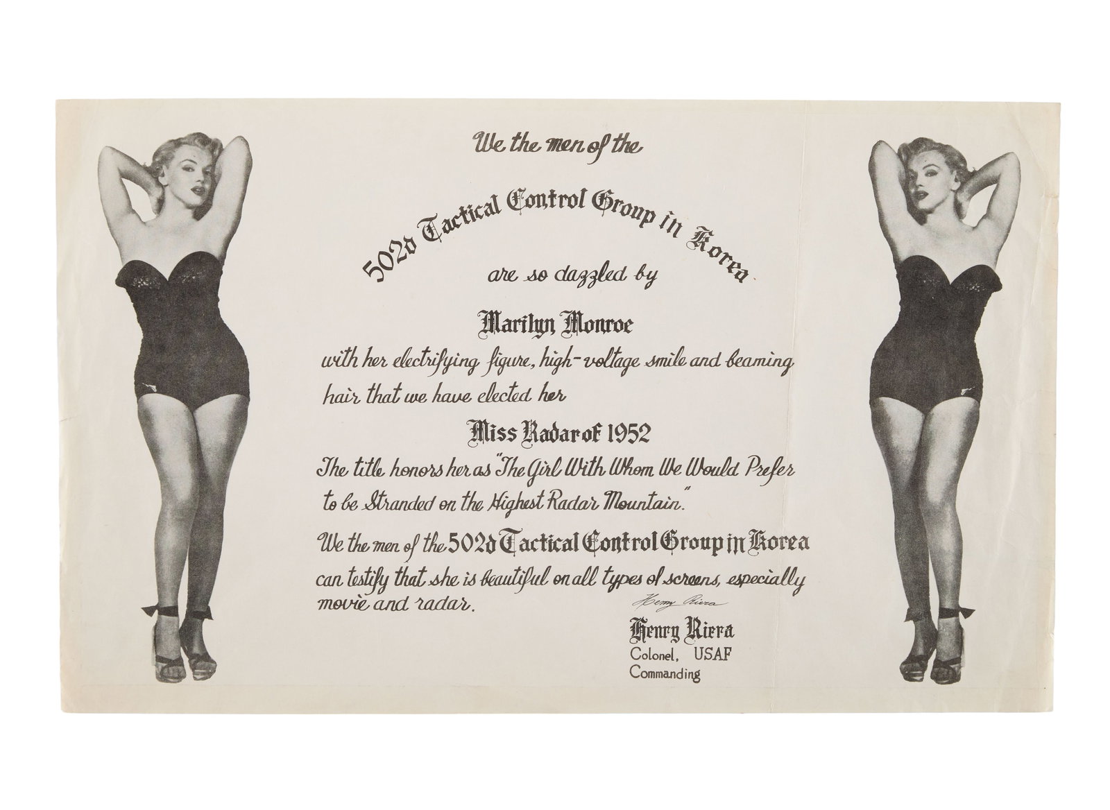 Marilyn Monroe | 1952 Citation: A single sheet; presented to the star by the "502d Tactical Control Group in Korea" for being "Miss Radar of 1952"; famously, Marilyn would visit Korea two years later to sing for the troops while on 