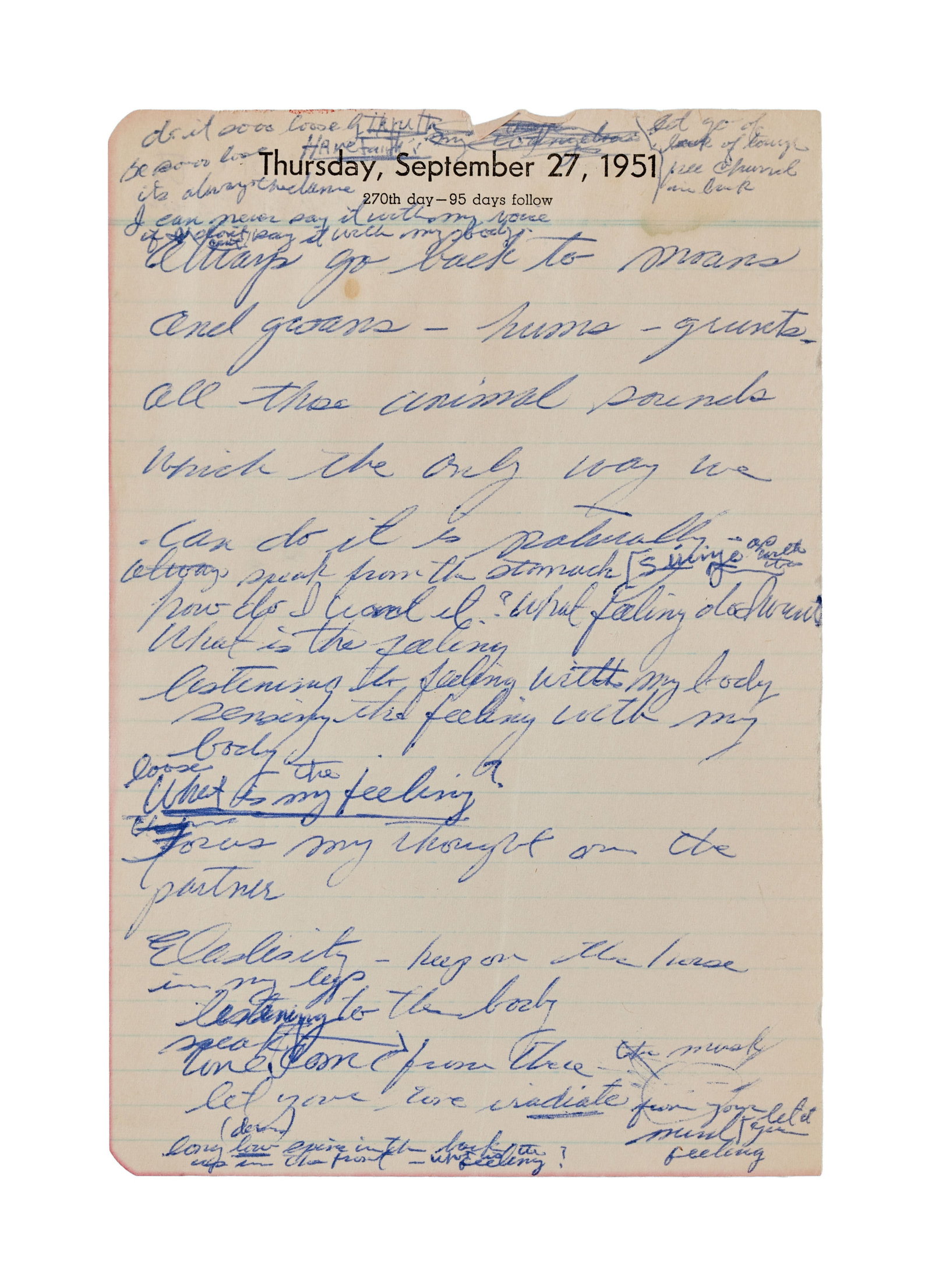 Marilyn Monroe | 1951 Handwritten Notes on Acting: A single lined page removed from a datebook; back side with printed date of "Thursday, September 27, 1951," front side with the previous date, penned by the star in blue fountain pen ink on both